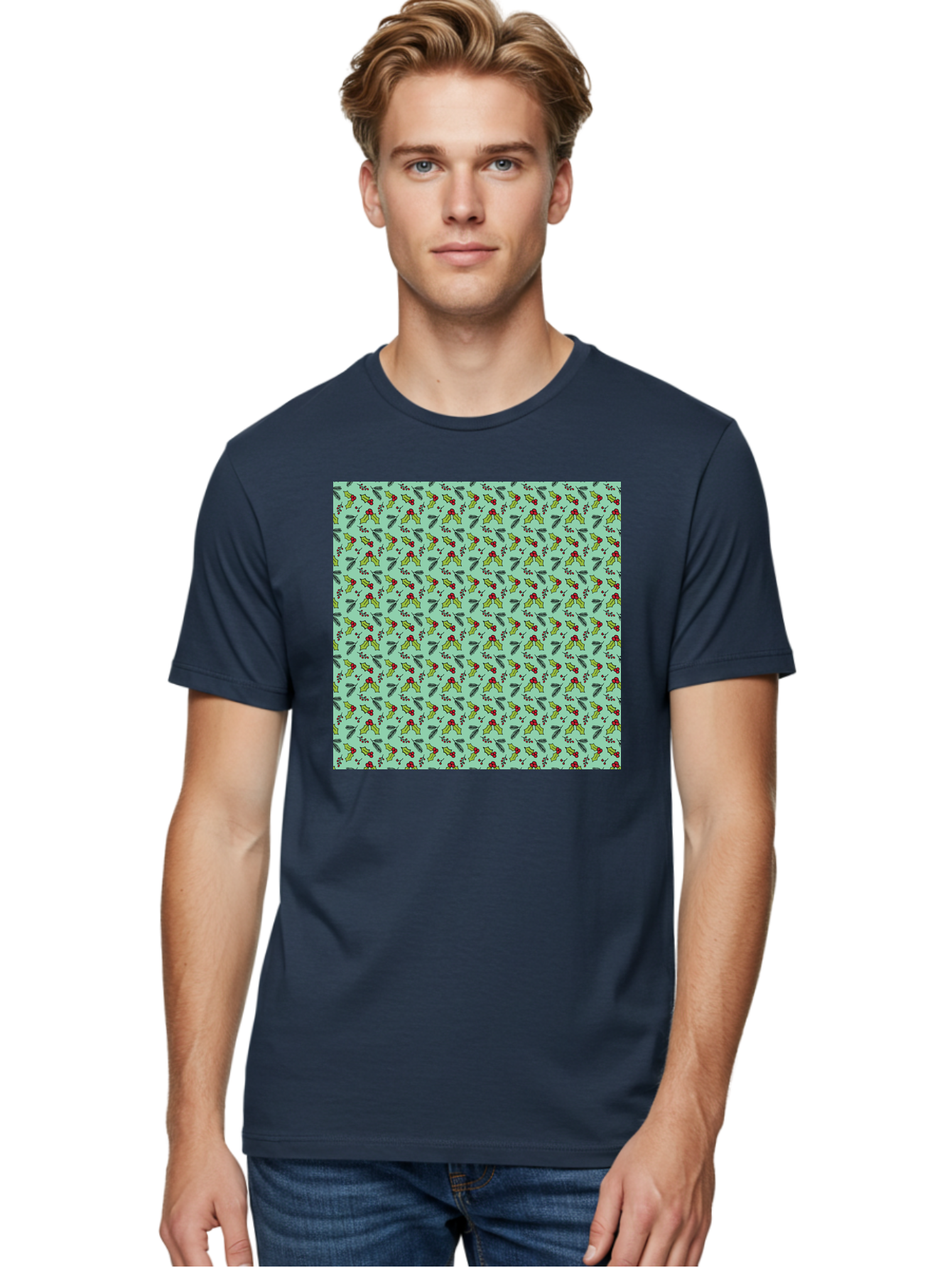 Poinsettia-Pattern Men'S Graphic Tee, 100% Cotton, Comfortable Casual Summer Wear, Machine Washable, Holly Leaves, Red Berries, Festive Design, Holiday Pattern, Seamless Texture, Green Leaves, Christmas Decor, Winter Theme, Joyful Atmosphere Aab050