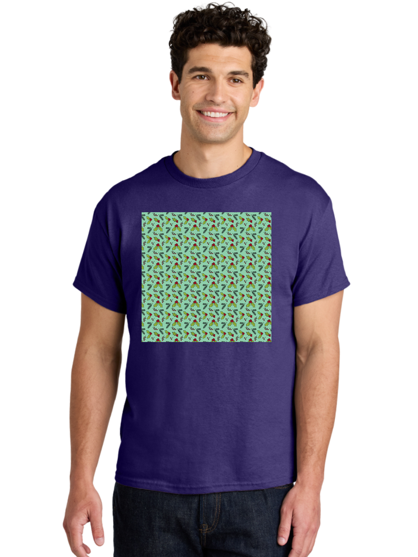 Poinsettia-Pattern Men'S Graphic Tee, 100% Cotton, Comfortable Casual Summer Wear, Machine Washable, Holly Leaves, Red Berries, Festive Design, Holiday Pattern, Seamless Texture, Green Leaves, Christmas Decor, Winter Theme, Joyful Atmosphere Aab050