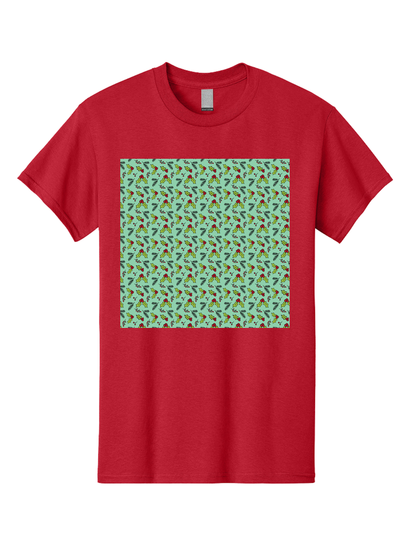 Poinsettia-Pattern Men'S Graphic Tee, 100% Cotton, Comfortable Casual Summer Wear, Machine Washable, Holly Leaves, Red Berries, Festive Design, Holiday Pattern, Seamless Texture, Green Leaves, Christmas Decor, Winter Theme, Joyful Atmosphere Aab050