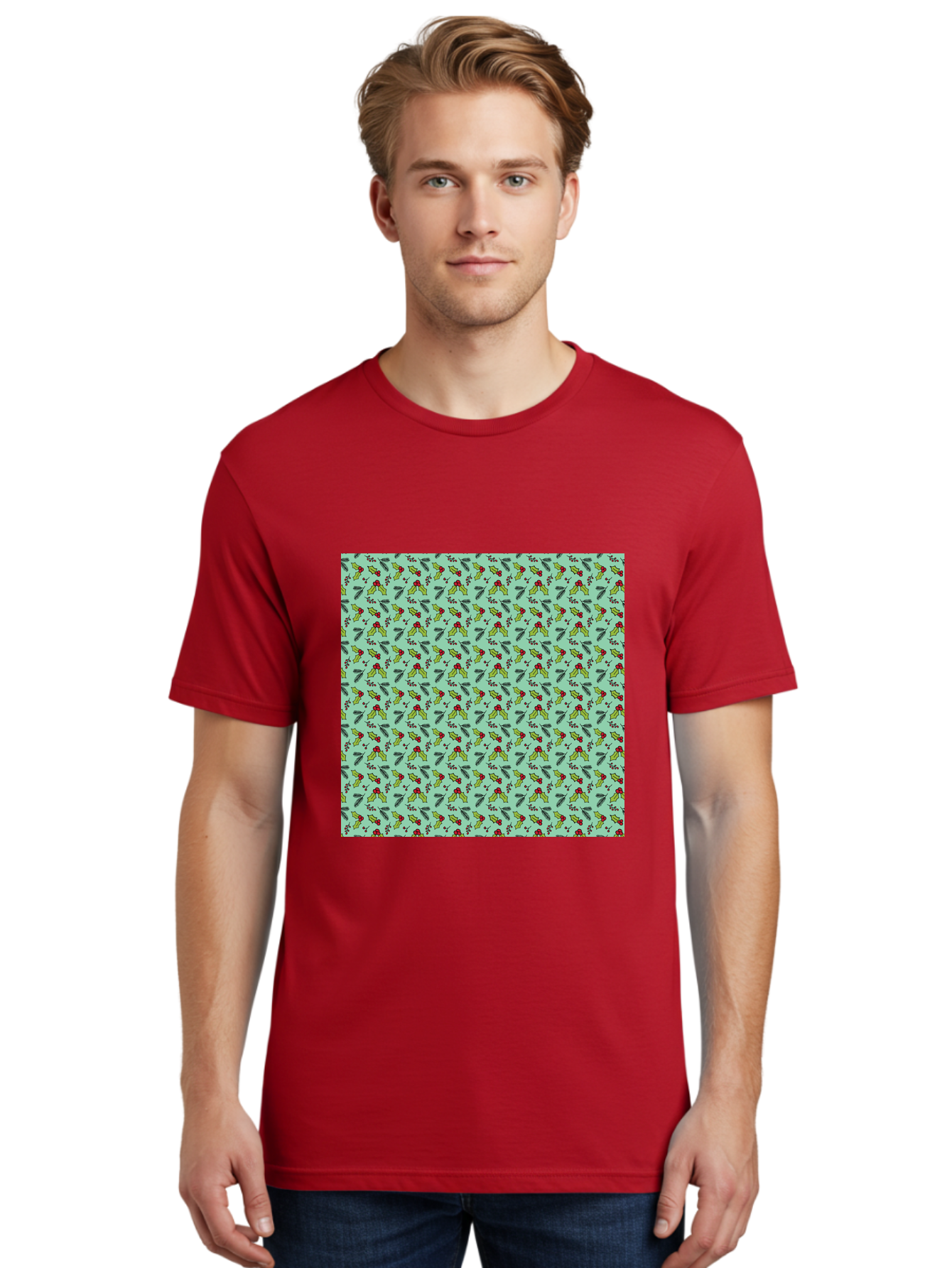 Poinsettia-Pattern Men'S Graphic Tee, 100% Cotton, Comfortable Casual Summer Wear, Machine Washable, Holly Leaves, Red Berries, Festive Design, Holiday Pattern, Seamless Texture, Green Leaves, Christmas Decor, Winter Theme, Joyful Atmosphere Aab050
