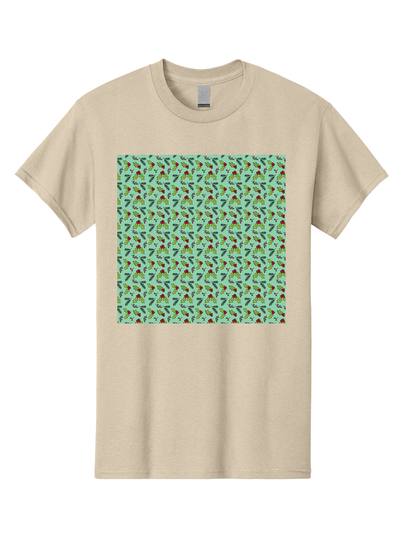 Poinsettia-Pattern Men'S Graphic Tee, 100% Cotton, Comfortable Casual Summer Wear, Machine Washable, Holly Leaves, Red Berries, Festive Design, Holiday Pattern, Seamless Texture, Green Leaves, Christmas Decor, Winter Theme, Joyful Atmosphere Aab050
