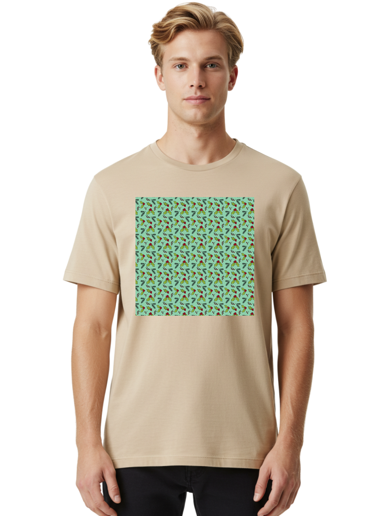 Poinsettia-Pattern Men'S Graphic Tee, 100% Cotton, Comfortable Casual Summer Wear, Machine Washable, Holly Leaves, Red Berries, Festive Design, Holiday Pattern, Seamless Texture, Green Leaves, Christmas Decor, Winter Theme, Joyful Atmosphere Aab050