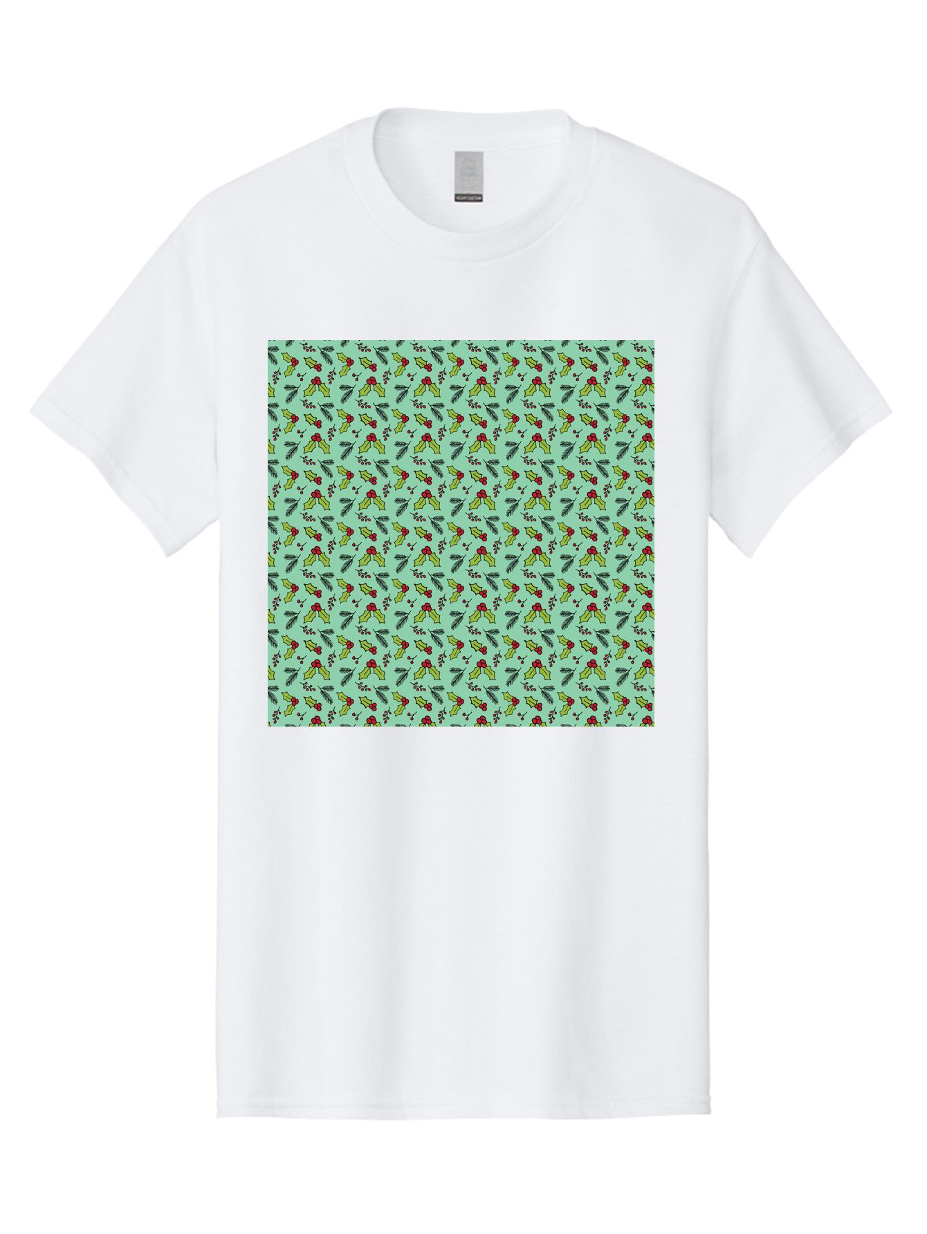Poinsettia-Pattern Men'S Graphic Tee, 100% Cotton, Comfortable Casual Summer Wear, Machine Washable, Holly Leaves, Red Berries, Festive Design, Holiday Pattern, Seamless Texture, Green Leaves, Christmas Decor, Winter Theme, Joyful Atmosphere Aab050