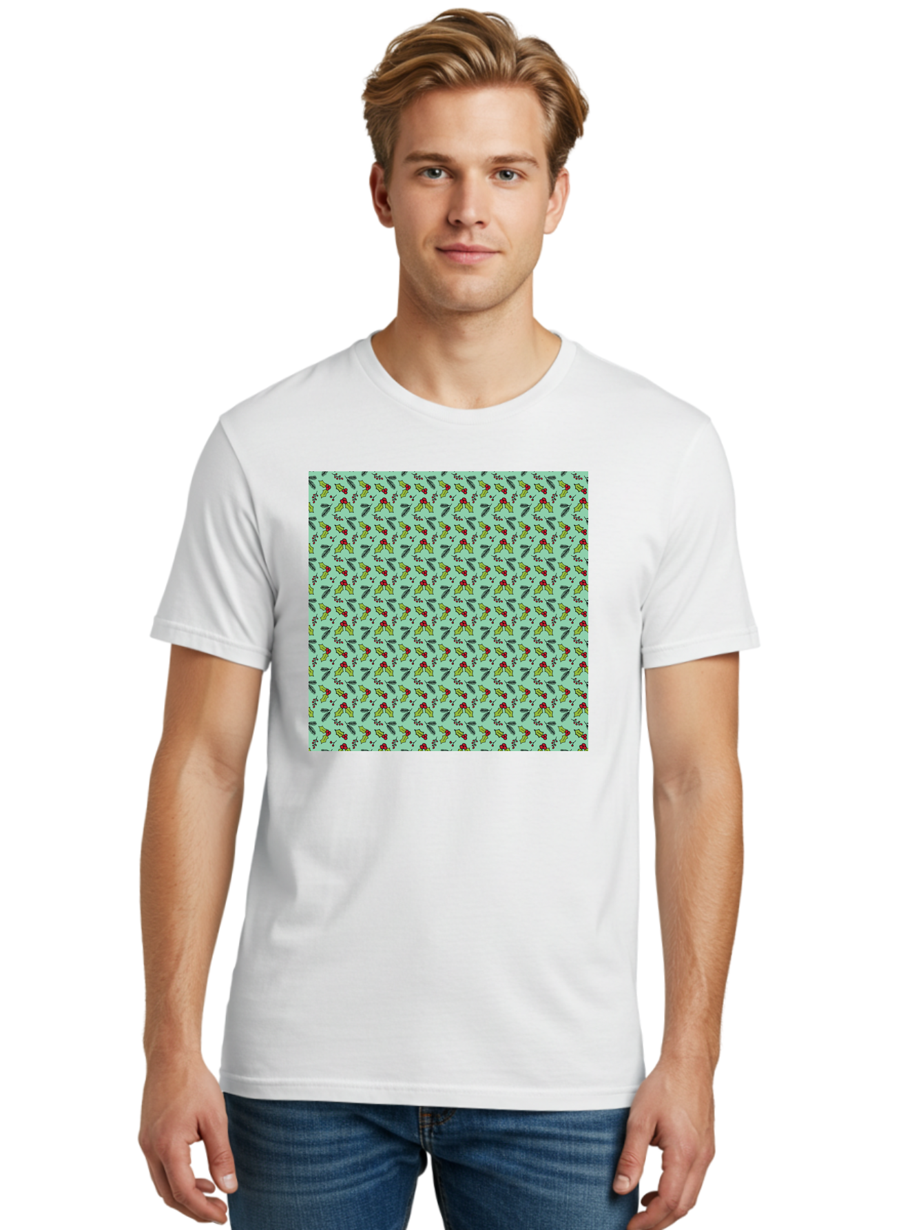 Poinsettia-Pattern Men'S Graphic Tee, 100% Cotton, Comfortable Casual Summer Wear, Machine Washable, Holly Leaves, Red Berries, Festive Design, Holiday Pattern, Seamless Texture, Green Leaves, Christmas Decor, Winter Theme, Joyful Atmosphere Aab050