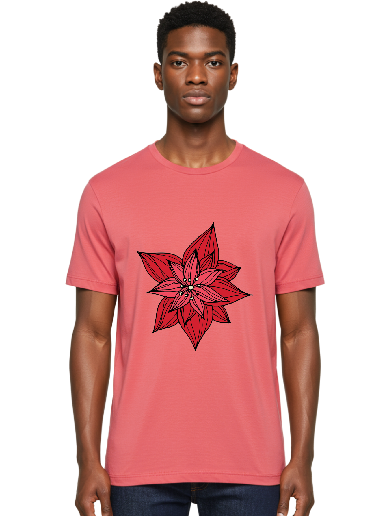 Poinsettia Men'S Graphic Tee, 100% Cotton, Comfortable Casual Summer Wear, Machine Washable, Poinsettia Flower, Red Petals, Festive Decor, Holiday Decoration, Christmas Flower, Symbolic Bloom, Vibrant Red Aab051
