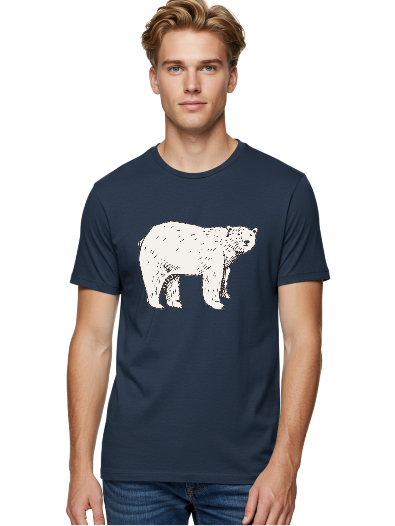 Polar-Bear-1 Men'S Graphic Tee, 100% Cotton, Comfortable Casual Summer Wear, Machine Washable, Polar Bear Illustration, White Bear, Black Outline, Wildlife Art, Polar Bear Drawing, Arctic Animal, Furry Creature, Animal Graphic Aab052