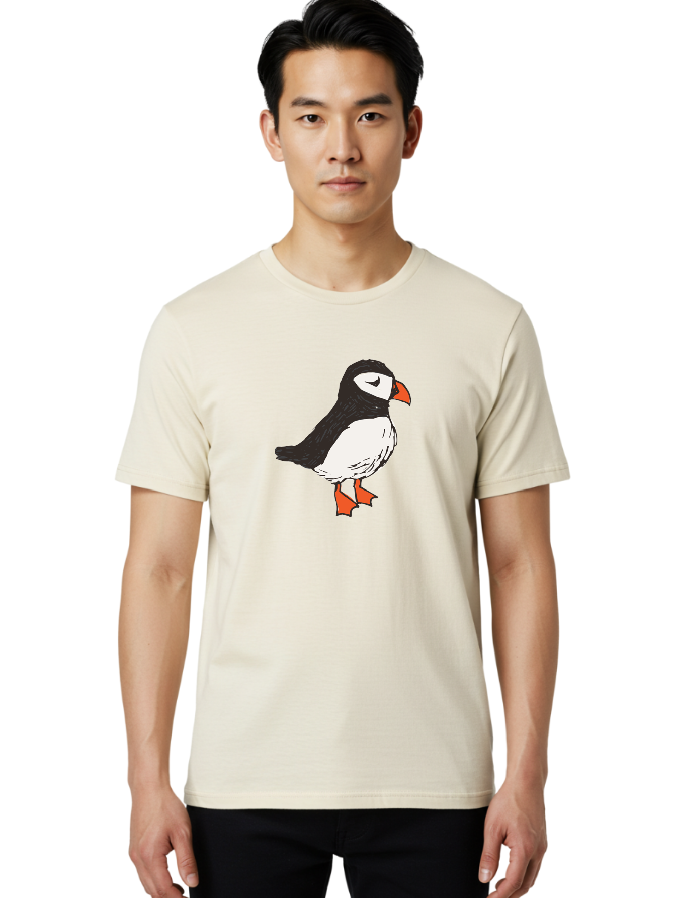 Puffin Men'S Graphic Tee, 100% Cotton, Comfortable Casual Summer Wear, Machine Washable, Cartoon Puffin, Black And White Bird, Orange Beak, Orange Feet, Seabird, Wildlife Illustration, Cute Animal, Hand-Drawn Art Aab057
