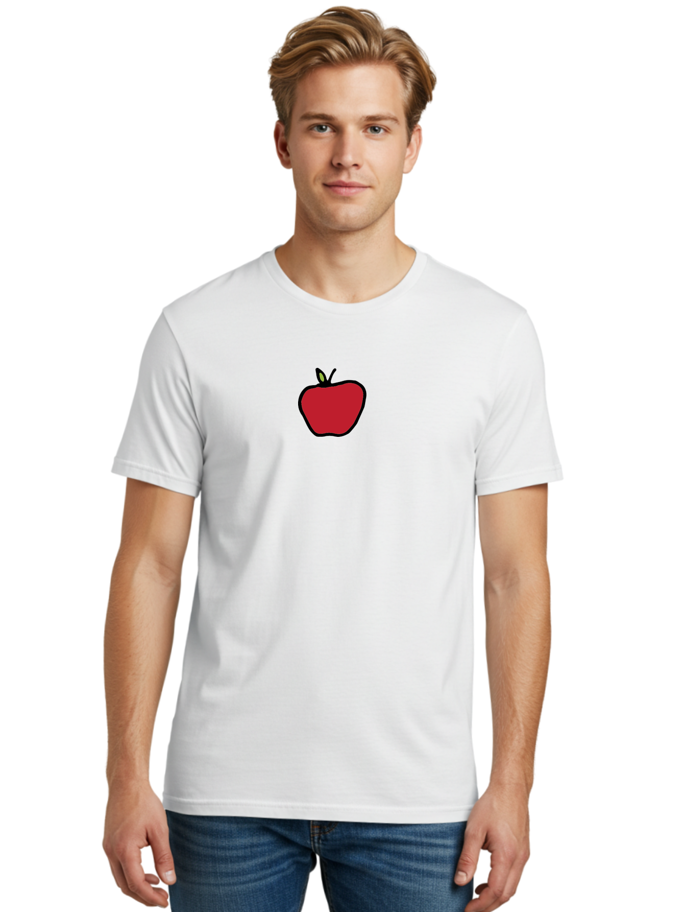 Red-Apple Men'S Graphic Tee, 100% Cotton, Comfortable Casual Summer Wear, Machine Washable, Red Apple, Simple Drawing, Bold Lines, Cartoon Style, Fruit Illustration, Minimalist Design, Digital Art, Apple Graphic Aab063