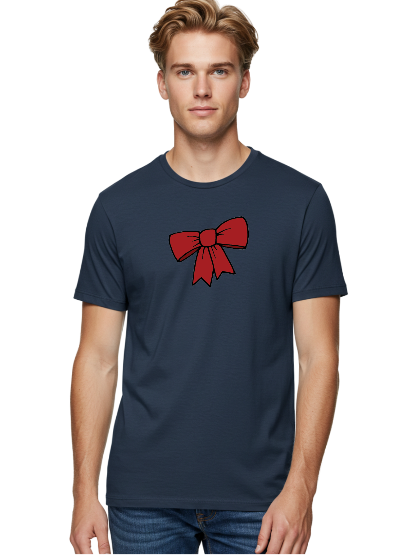 Red-Bow Men'S Graphic Tee, 100% Cotton, Comfortable Casual Summer Wear, Machine Washable, Red Bow, Gift Wrapping, Present Decoration, Festive Ribbon, Holiday Decor, Celebratory Bow, Party Favors Aab070