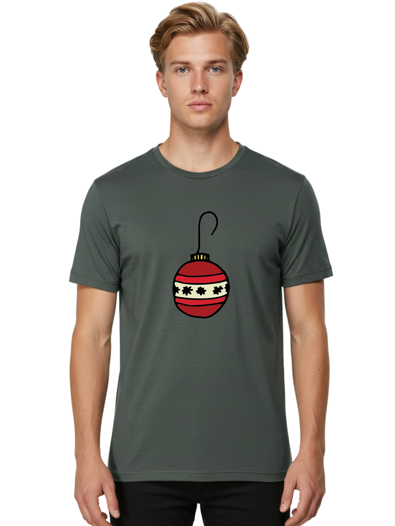 Red-Christmas-Ornament Men'S Graphic Tee, 100% Cotton, Comfortable Casual Summer Wear, Machine Washable, Red Christmas Bauble, Festive Decoration, Holiday Ornament, Black And White Pattern, Snowflake Design, Christmas Tree Decor, Aab076