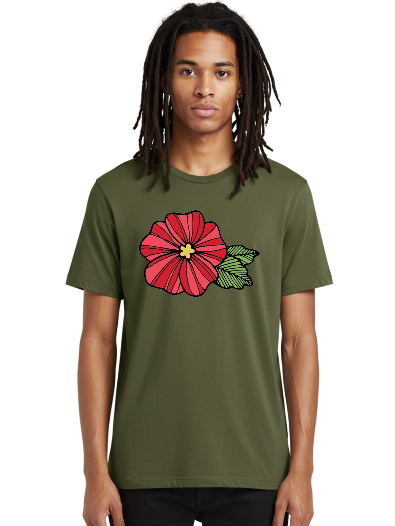 Red-Flower Men'S Graphic Tee, 100% Cotton, Comfortable Casual Summer Wear, Machine Washable, Red Flower, Yellow Center, Green Leaves, Floral Design, Vibrant Petals, Simple Illustration, Cartoon Style, Botanical Art Aab080