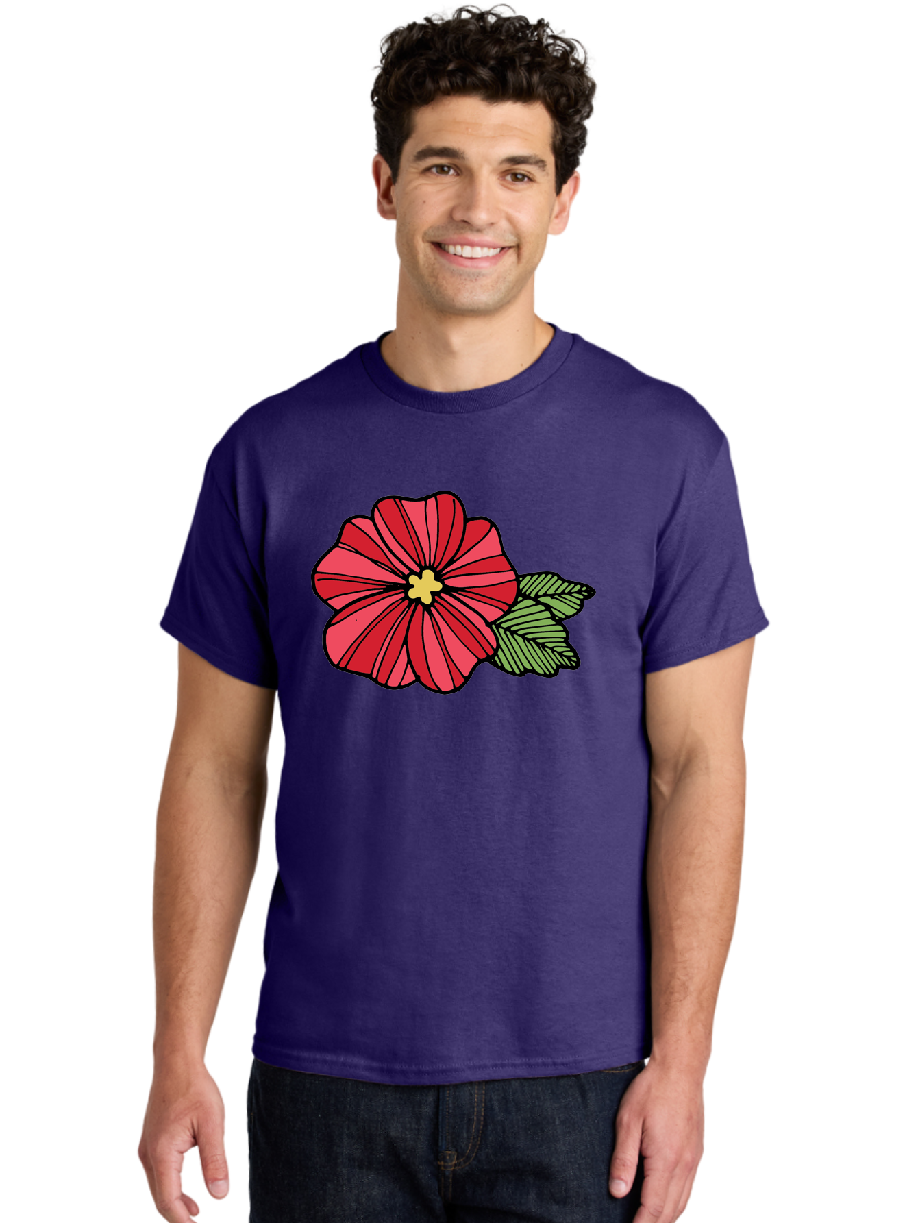 Red-Flower Men'S Graphic Tee, 100% Cotton, Comfortable Casual Summer Wear, Machine Washable, Red Flower, Yellow Center, Green Leaves, Floral Design, Vibrant Petals, Simple Illustration, Cartoon Style, Botanical Art Aab080