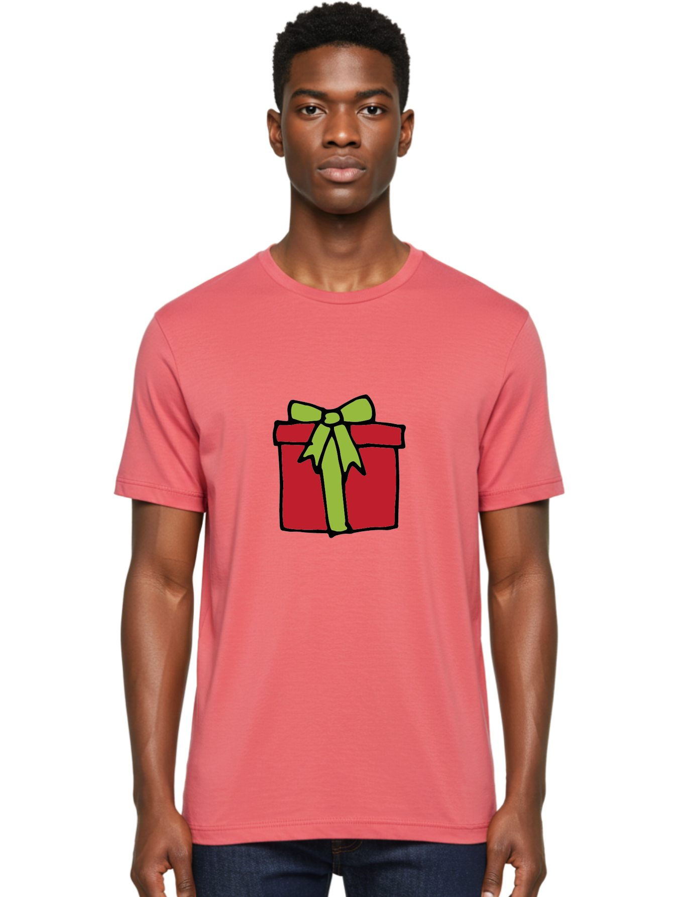 Red-Gift-Box-1 Men'S Graphic Tee, 100% Cotton, Comfortable Casual Summer Wear, Machine Washable, Red Gift Box, Green Ribbon, Present, Gift, Holiday Season, Festive, Celebration, Birthday, Wrapped Gift, Cartoon Style Aab081
