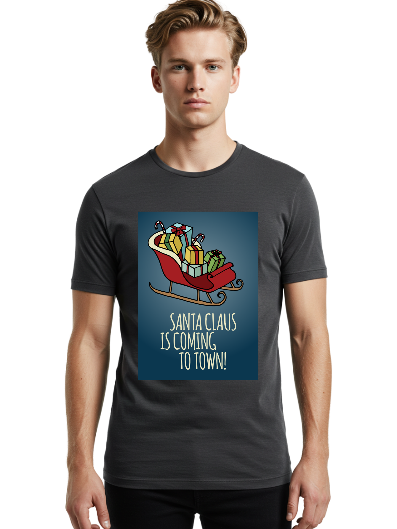 Santa-Claus-Is-Coming-To-Town Men'S Graphic Tee, 100% Cotton, Comfortable Casual Summer Wear, Machine Washable, Santa Claus, Christmas Gifts, Holiday Season, Festive Sleigh, Candy Canes, Wrapped Presents, Christmas Magic, Joyful Atmosphere, Aab093