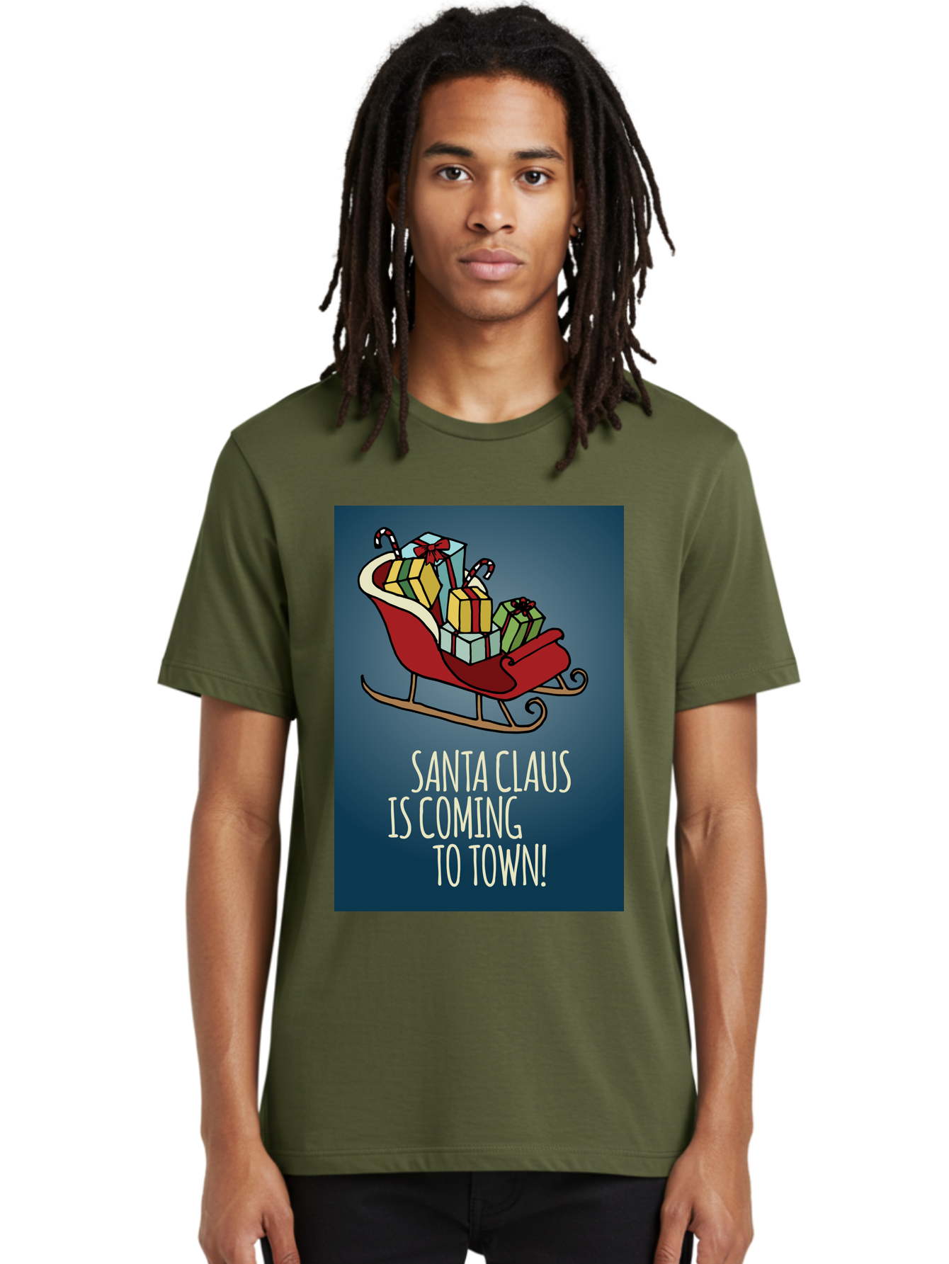 Santa-Claus-Is-Coming-To-Town Men'S Graphic Tee, 100% Cotton, Comfortable Casual Summer Wear, Machine Washable, Santa Claus, Christmas Gifts, Holiday Season, Festive Sleigh, Candy Canes, Wrapped Presents, Christmas Magic, Joyful Atmosphere, Aab093