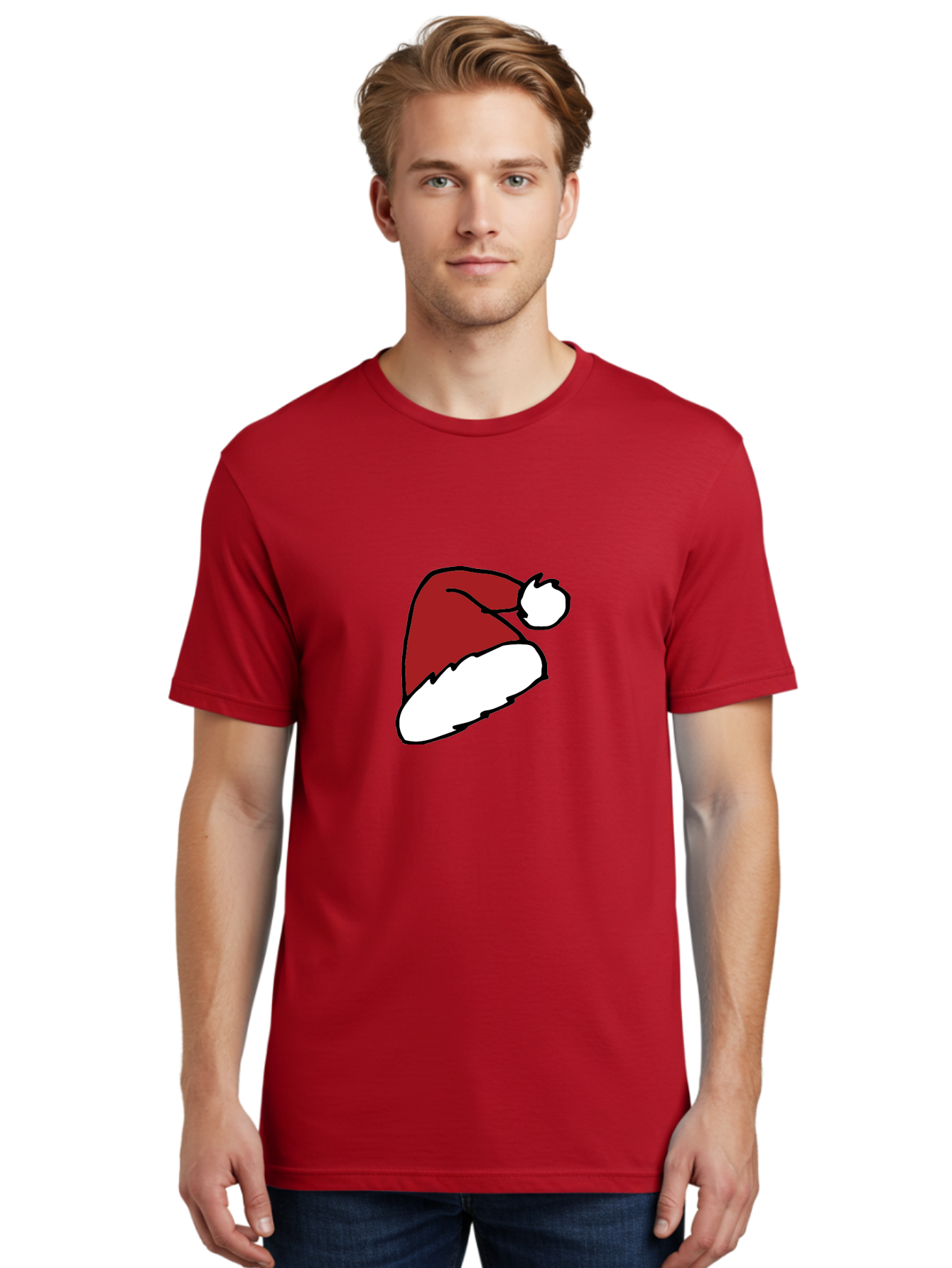 Santa-Hat Men'S Graphic Tee, 100% Cotton, Comfortable Casual Summer Wear, Machine Washable, Red And White Santa Hat, Christmas Accessory, Festive Headwear, Holiday Symbol, Cartoon Illustration, Winter Wear, Seasonal Decoration Aab095