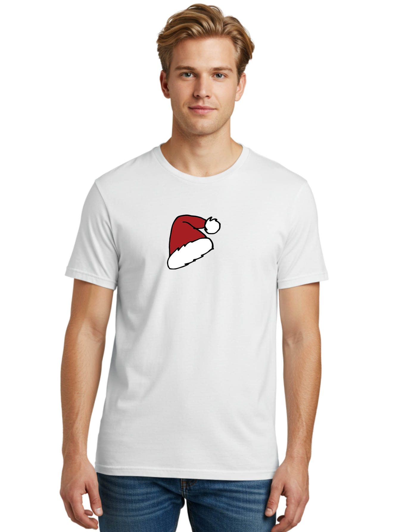 Santa-Hat Men'S Graphic Tee, 100% Cotton, Comfortable Casual Summer Wear, Machine Washable, Red And White Santa Hat, Christmas Accessory, Festive Headwear, Holiday Symbol, Cartoon Illustration, Winter Wear, Seasonal Decoration Aab095