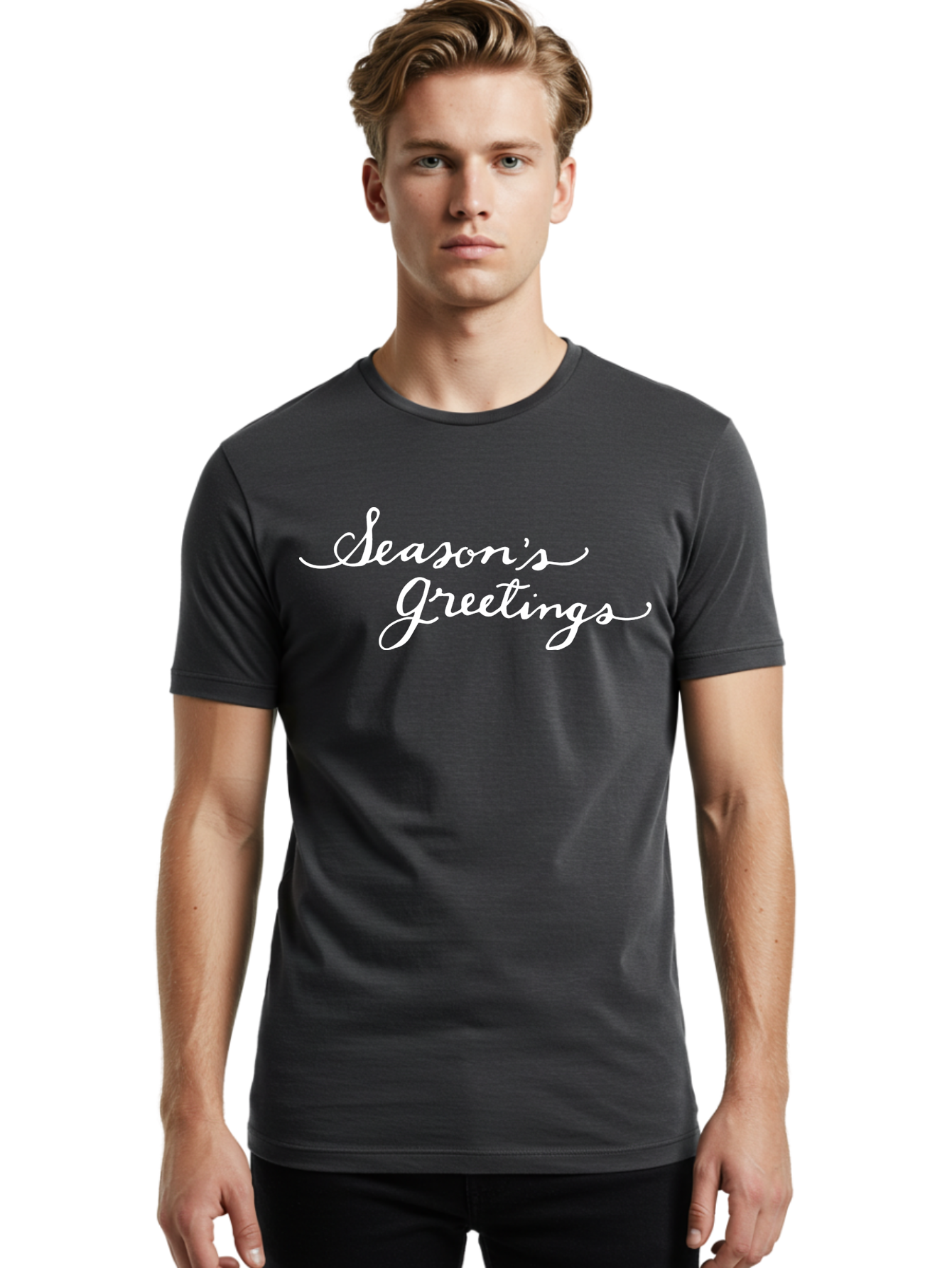 Season-S-Greetings Men'S Graphic Tee, 100% Cotton, Comfortable Casual Summer Wear, Machine Washable, Season'S Greetings, Holiday Message, Festive Greeting, Christmas Wishes, White Cursive Text, Elegant Script, Winter Season Aab100
