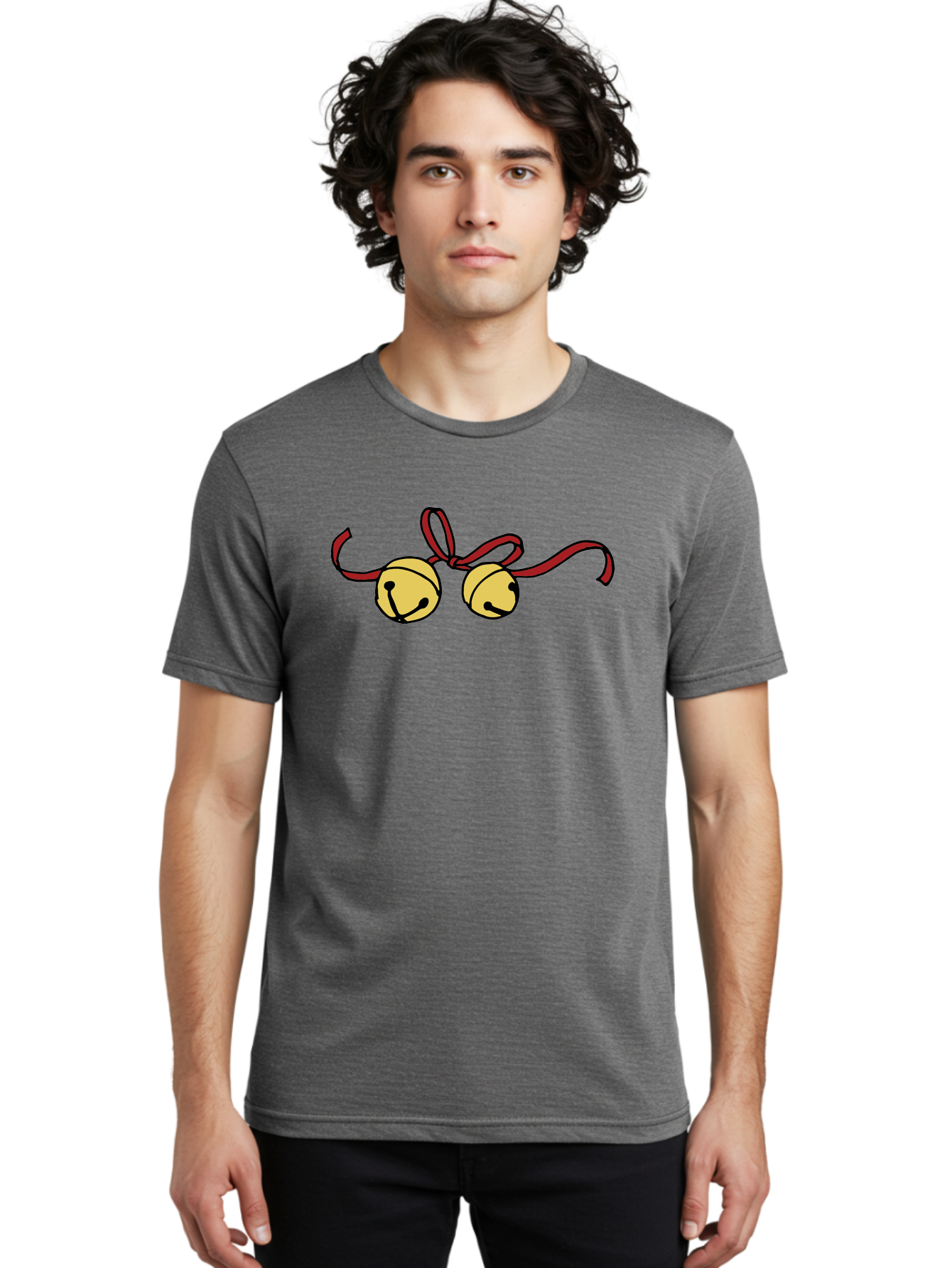 Sleigh-Bells Men'S Graphic Tee, 100% Cotton, Comfortable Casual Summer Wear, Machine Washable, Sleigh Bells, Jingle Bells, Red Ribbon, Festive Decor, Christmas Decorations, Holiday Cheer, Winter Wonderland, Cartoon Illustration, Yellow Bells Aab107