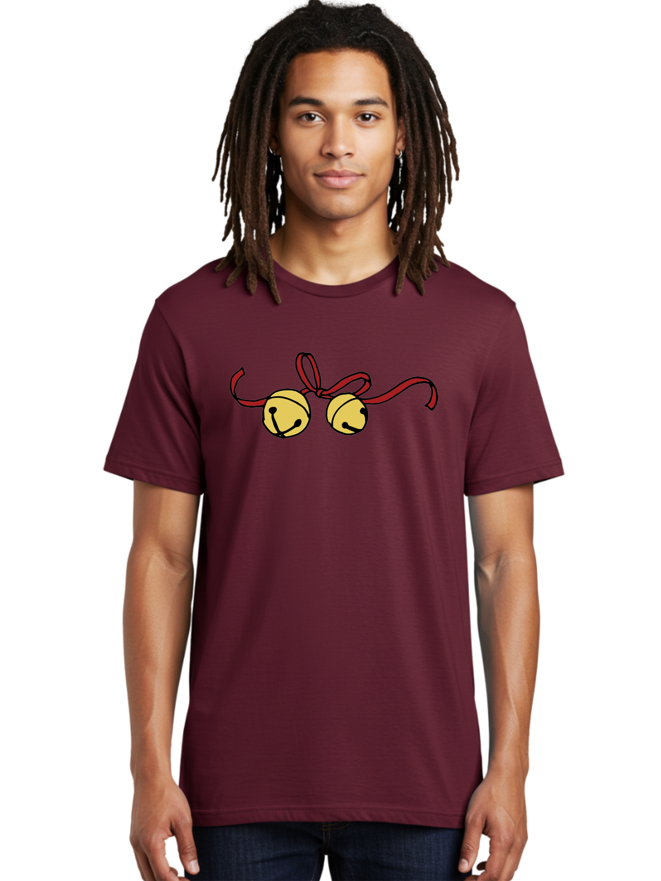Sleigh-Bells Men'S Graphic Tee, 100% Cotton, Comfortable Casual Summer Wear, Machine Washable, Sleigh Bells, Jingle Bells, Red Ribbon, Festive Decor, Christmas Decorations, Holiday Cheer, Winter Wonderland, Cartoon Illustration, Yellow Bells Aab107