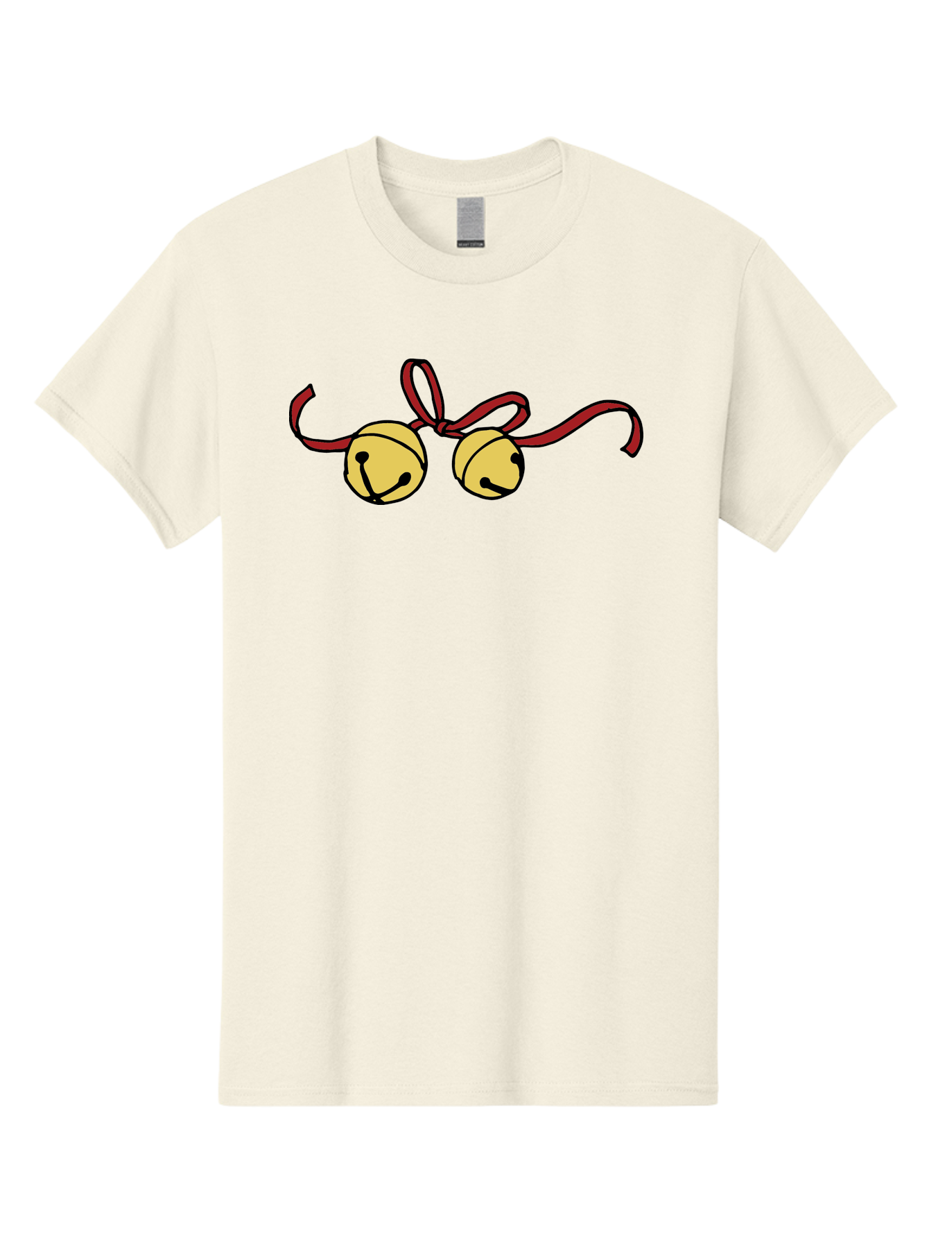 Sleigh-Bells Men'S Graphic Tee, 100% Cotton, Comfortable Casual Summer Wear, Machine Washable, Sleigh Bells, Jingle Bells, Red Ribbon, Festive Decor, Christmas Decorations, Holiday Cheer, Winter Wonderland, Cartoon Illustration, Yellow Bells Aab107