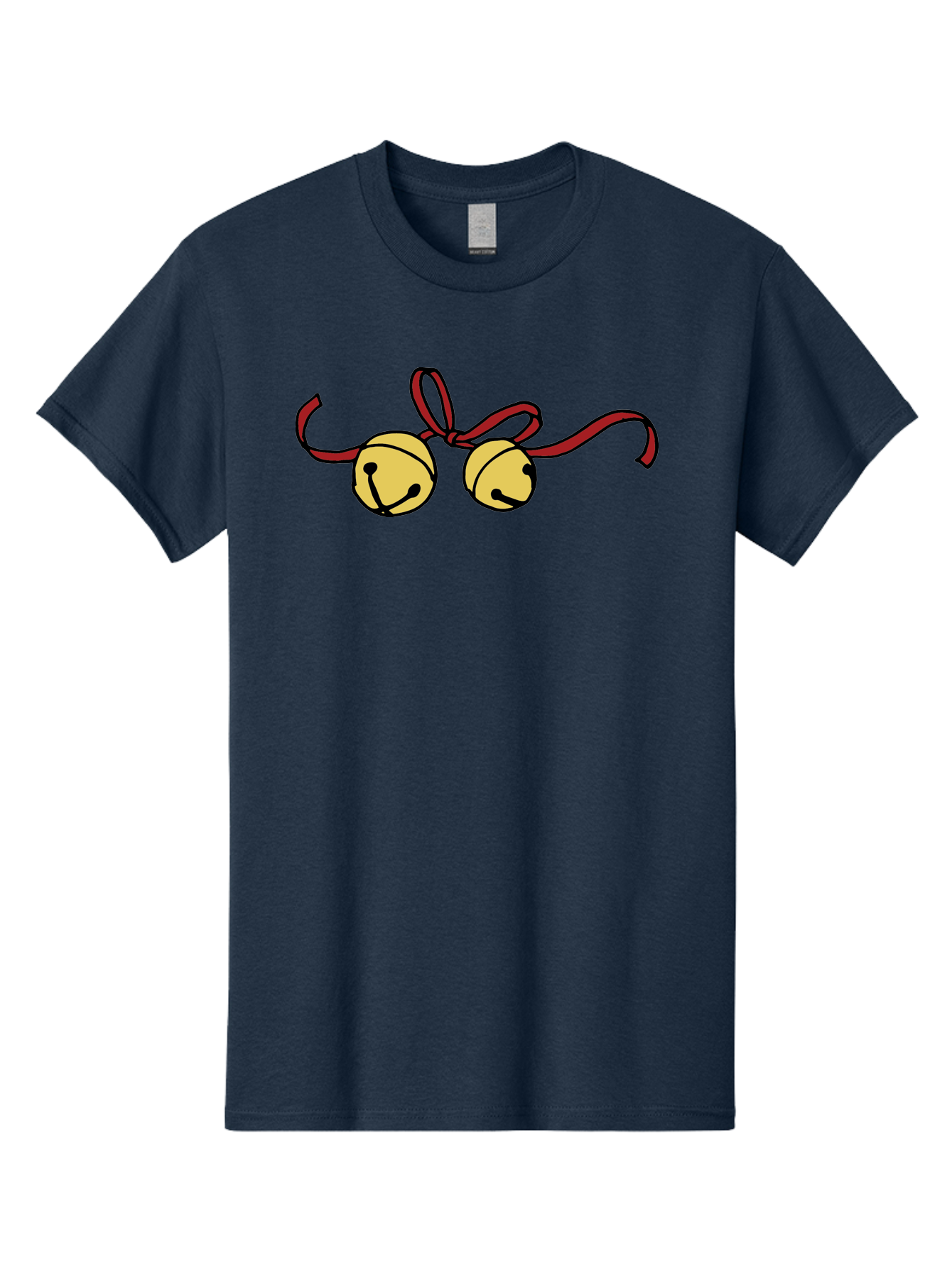 Sleigh-Bells Men'S Graphic Tee, 100% Cotton, Comfortable Casual Summer Wear, Machine Washable, Sleigh Bells, Jingle Bells, Red Ribbon, Festive Decor, Christmas Decorations, Holiday Cheer, Winter Wonderland, Cartoon Illustration, Yellow Bells Aab107