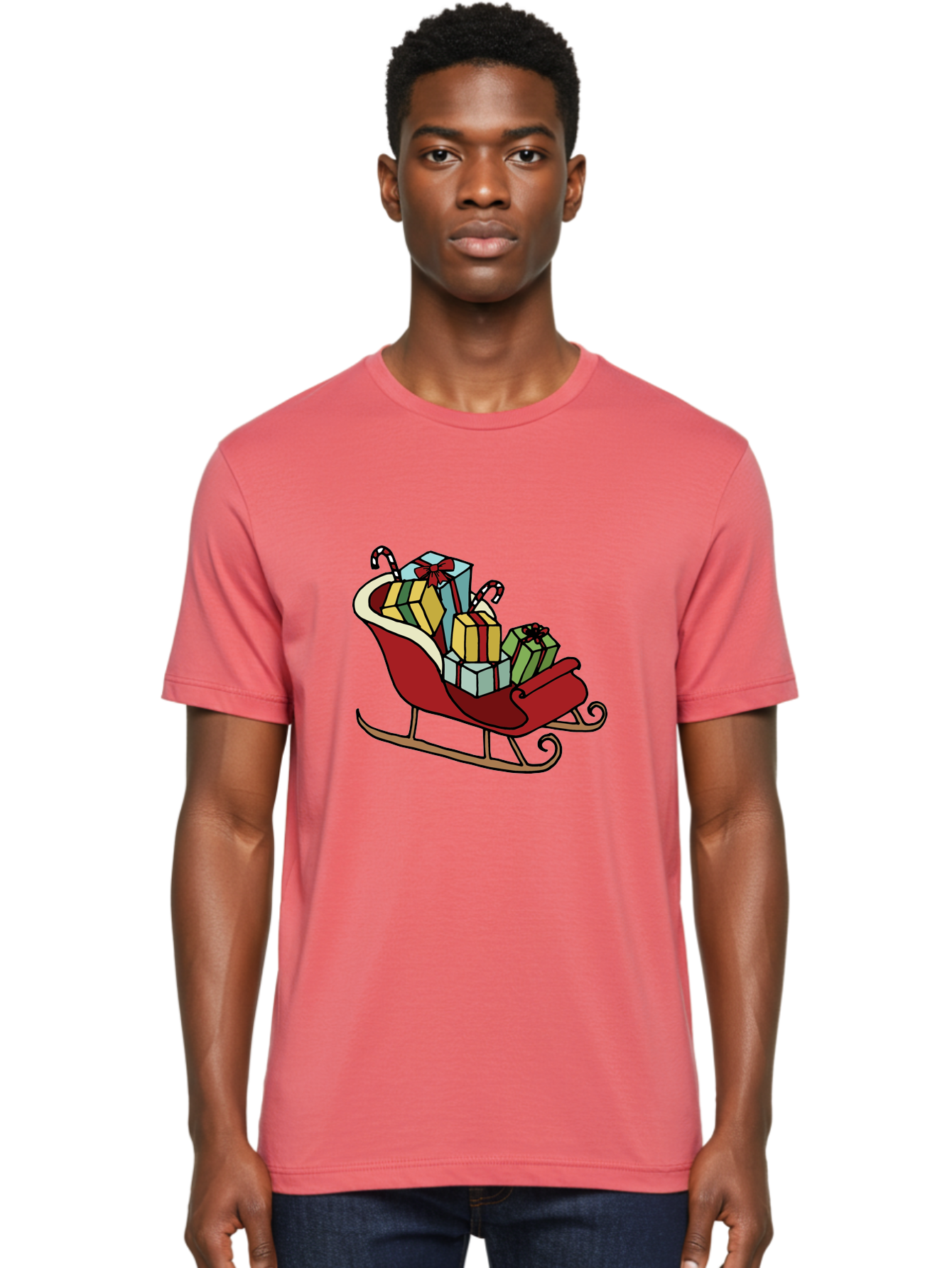 Sleigh-With-Gifts Men'S Graphic Tee, 100% Cotton, Comfortable Casual Summer Wear, Machine Washable, Christmas Gifts, Wrapped Presents, Red Sleigh, Holiday Decorations, Candy Canes, Festive Atmosphere, Winter Season, Joyful Spirit, Gift Giving, Aab108