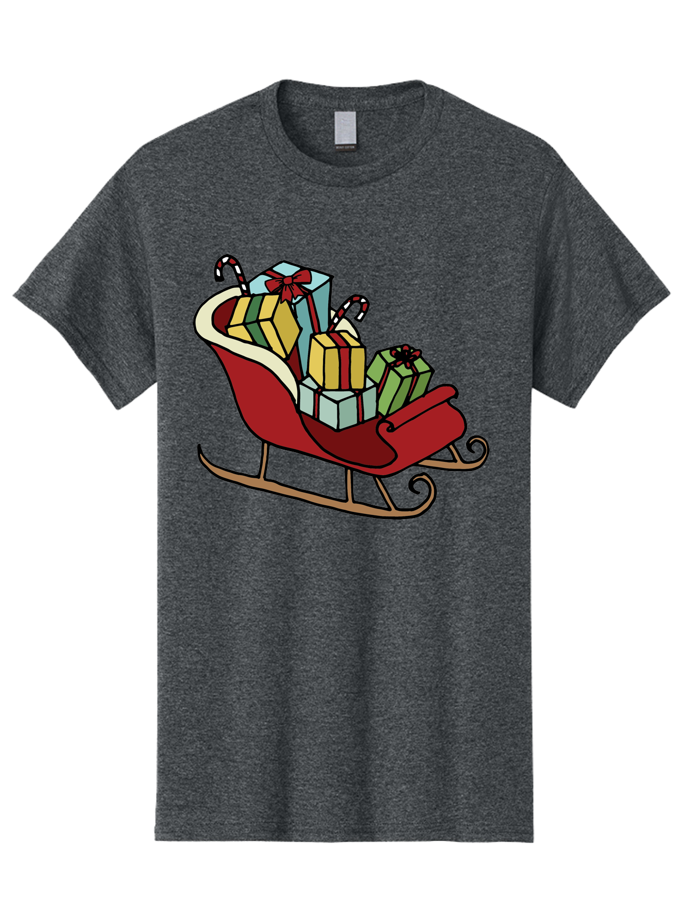 Sleigh-With-Gifts Men'S Graphic Tee, 100% Cotton, Comfortable Casual Summer Wear, Machine Washable, Christmas Gifts, Wrapped Presents, Red Sleigh, Holiday Decorations, Candy Canes, Festive Atmosphere, Winter Season, Joyful Spirit, Gift Giving, Aab108