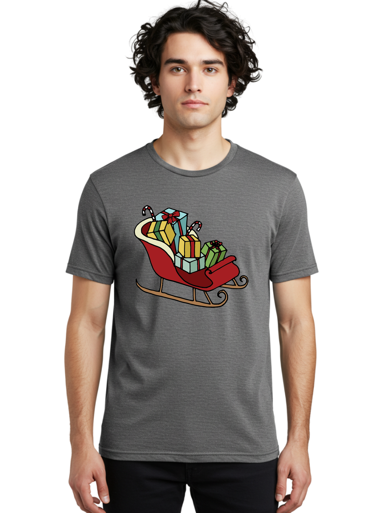Sleigh-With-Gifts Men'S Graphic Tee, 100% Cotton, Comfortable Casual Summer Wear, Machine Washable, Christmas Gifts, Wrapped Presents, Red Sleigh, Holiday Decorations, Candy Canes, Festive Atmosphere, Winter Season, Joyful Spirit, Gift Giving, Aab108