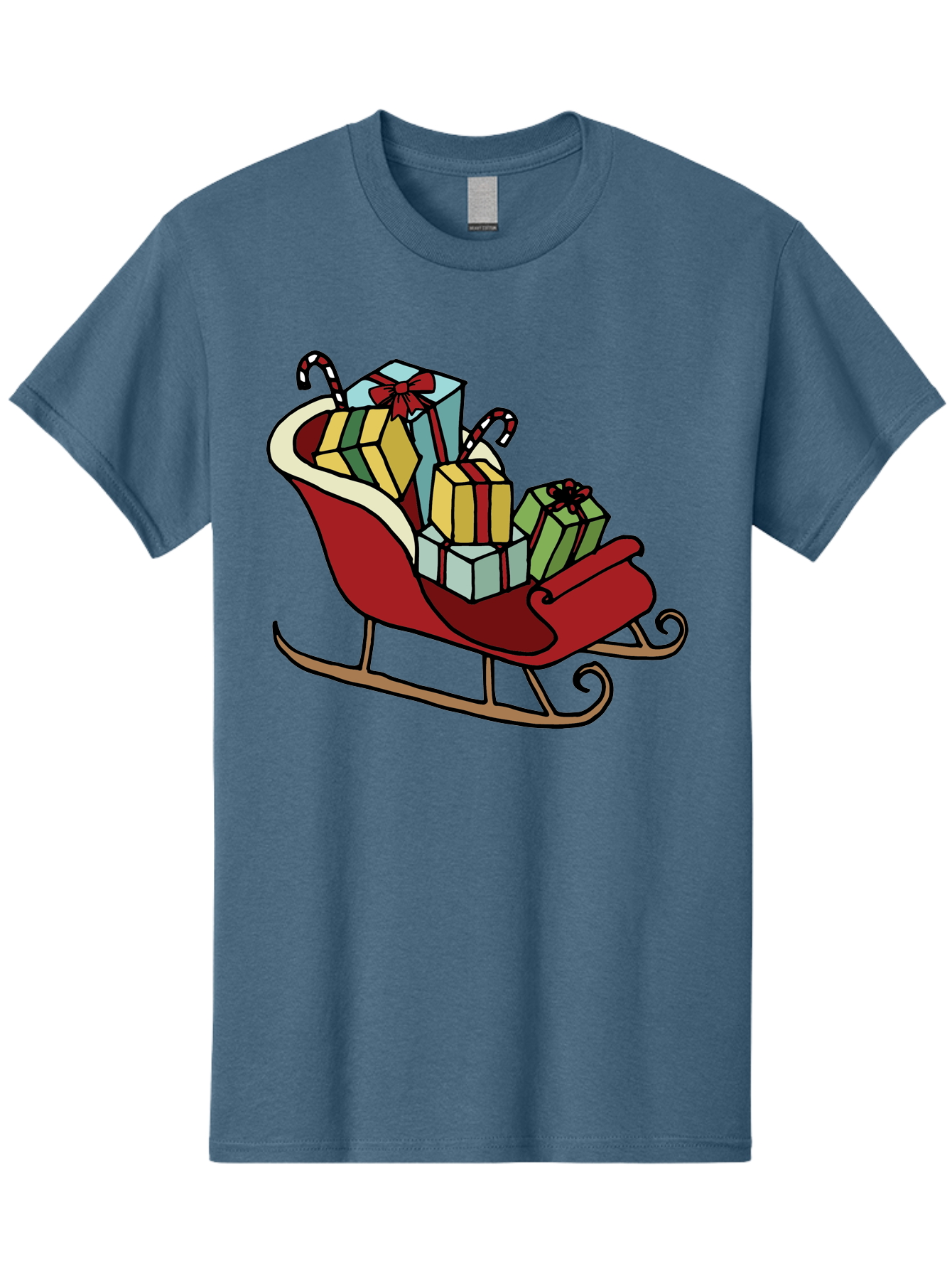 Sleigh-With-Gifts Men'S Graphic Tee, 100% Cotton, Comfortable Casual Summer Wear, Machine Washable, Christmas Gifts, Wrapped Presents, Red Sleigh, Holiday Decorations, Candy Canes, Festive Atmosphere, Winter Season, Joyful Spirit, Gift Giving, Aab108