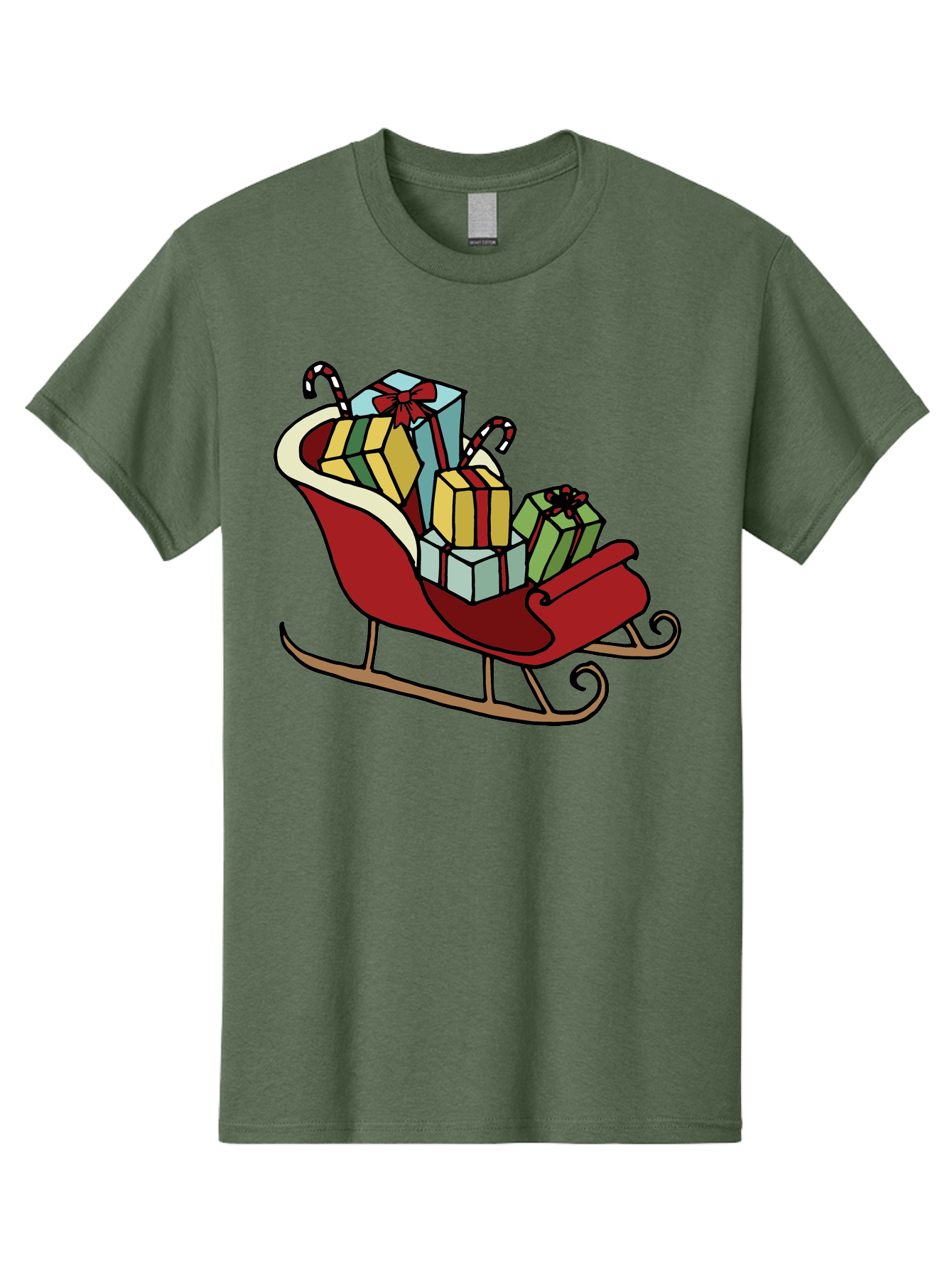 Sleigh-With-Gifts Men'S Graphic Tee, 100% Cotton, Comfortable Casual Summer Wear, Machine Washable, Christmas Gifts, Wrapped Presents, Red Sleigh, Holiday Decorations, Candy Canes, Festive Atmosphere, Winter Season, Joyful Spirit, Gift Giving, Aab108