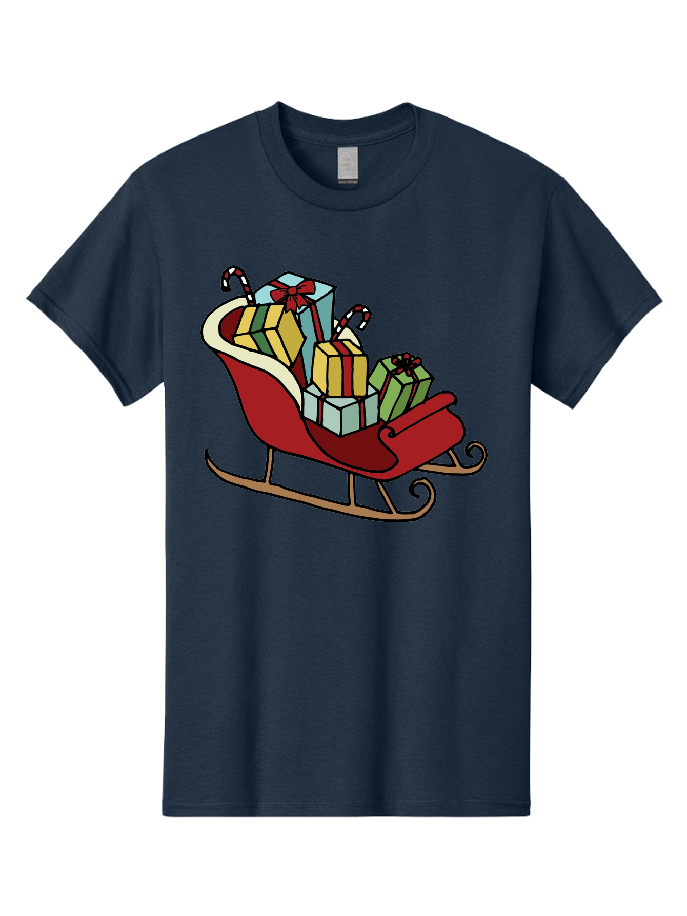 Sleigh-With-Gifts Men'S Graphic Tee, 100% Cotton, Comfortable Casual Summer Wear, Machine Washable, Christmas Gifts, Wrapped Presents, Red Sleigh, Holiday Decorations, Candy Canes, Festive Atmosphere, Winter Season, Joyful Spirit, Gift Giving, Aab108