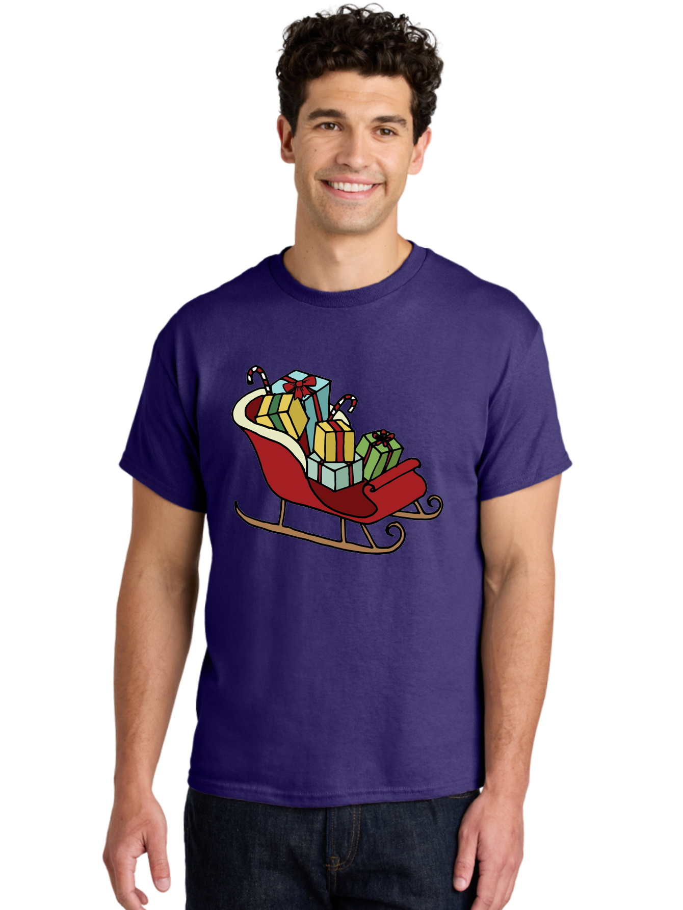 Sleigh-With-Gifts Men'S Graphic Tee, 100% Cotton, Comfortable Casual Summer Wear, Machine Washable, Christmas Gifts, Wrapped Presents, Red Sleigh, Holiday Decorations, Candy Canes, Festive Atmosphere, Winter Season, Joyful Spirit, Gift Giving, Aab108