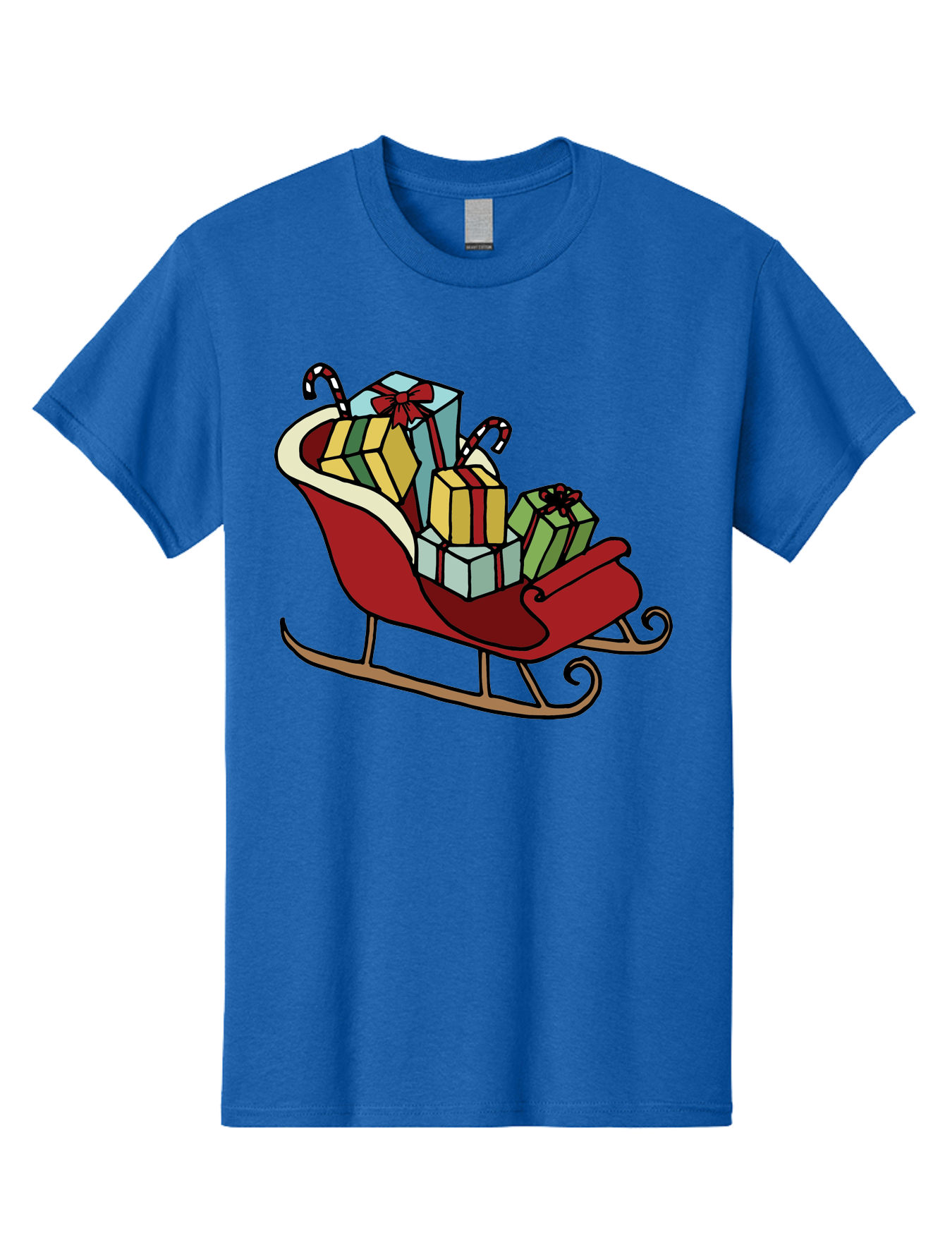 Sleigh-With-Gifts Men'S Graphic Tee, 100% Cotton, Comfortable Casual Summer Wear, Machine Washable, Christmas Gifts, Wrapped Presents, Red Sleigh, Holiday Decorations, Candy Canes, Festive Atmosphere, Winter Season, Joyful Spirit, Gift Giving, Aab108