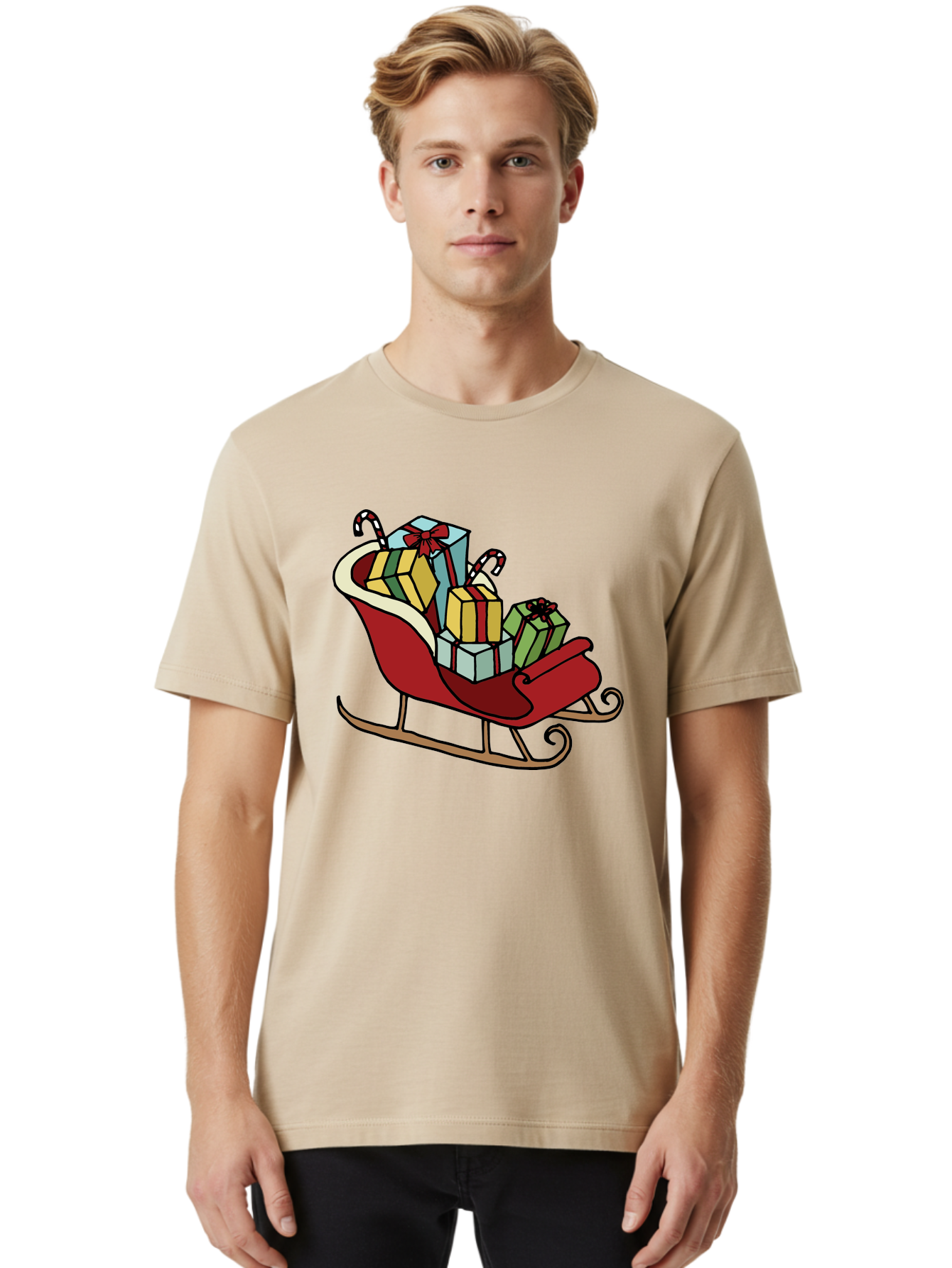 Sleigh-With-Gifts Men'S Graphic Tee, 100% Cotton, Comfortable Casual Summer Wear, Machine Washable, Christmas Gifts, Wrapped Presents, Red Sleigh, Holiday Decorations, Candy Canes, Festive Atmosphere, Winter Season, Joyful Spirit, Gift Giving, Aab108
