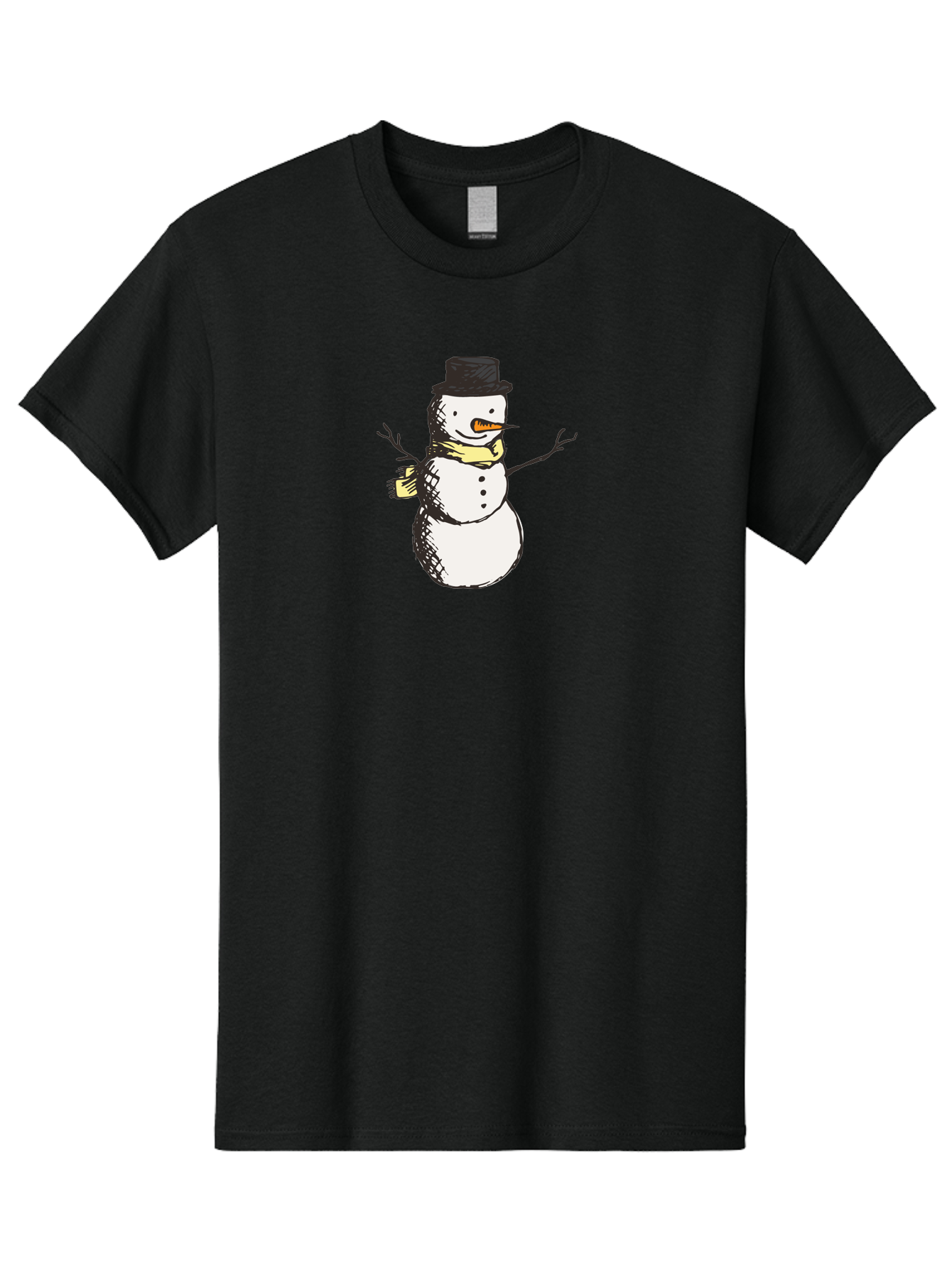 Smiling-Snowman Men'S Graphic Tee, 100% Cotton, Comfortable Casual Summer Wear, Machine Washable, Cartoon Snowman, Winter Character, Top Hat, Yellow Scarf, Carrot Nose, Stick Arms, Winter Fun, Festive Figure, Holiday Cheer, Aab110