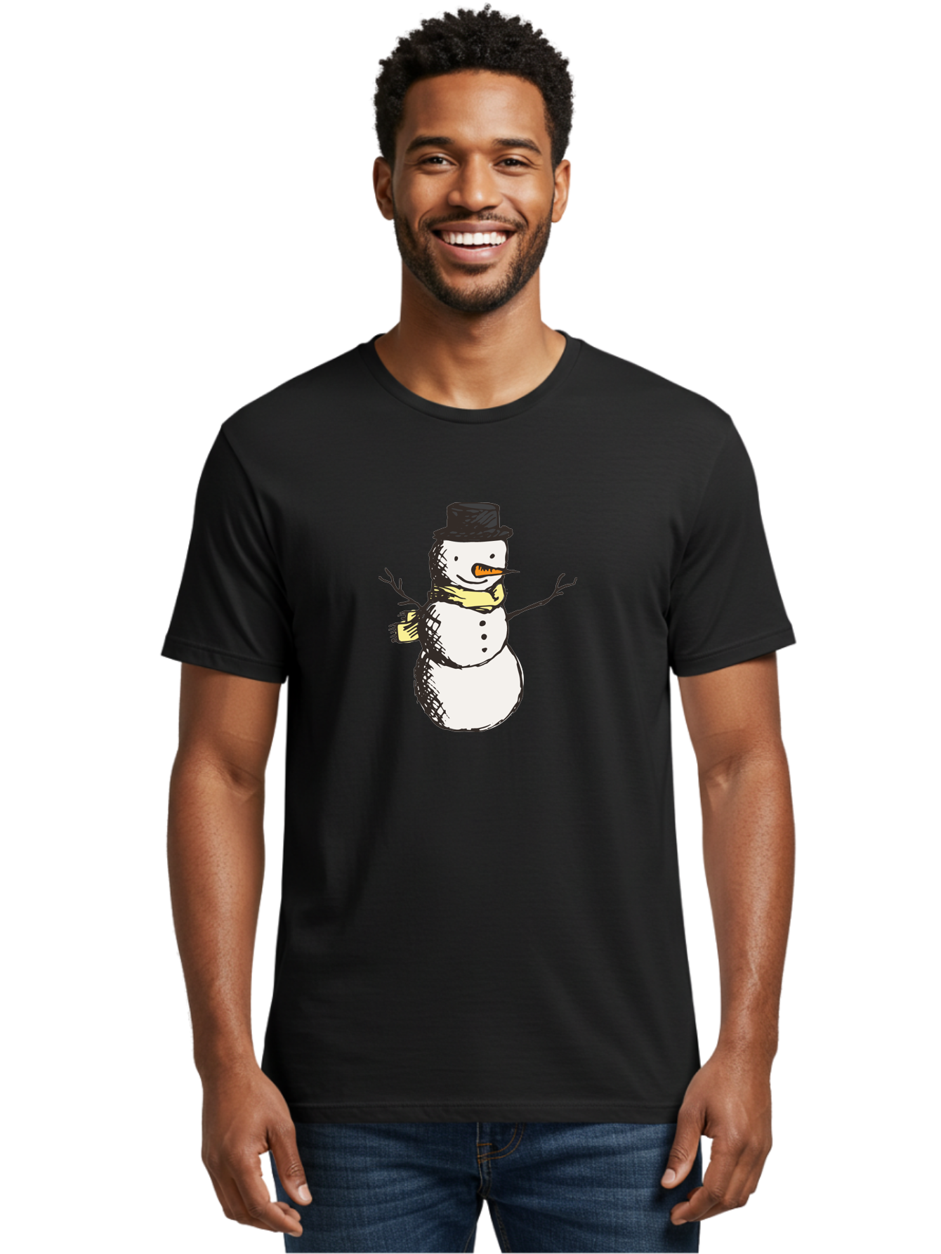 Smiling-Snowman Men'S Graphic Tee, 100% Cotton, Comfortable Casual Summer Wear, Machine Washable, Cartoon Snowman, Winter Character, Top Hat, Yellow Scarf, Carrot Nose, Stick Arms, Winter Fun, Festive Figure, Holiday Cheer, Aab110