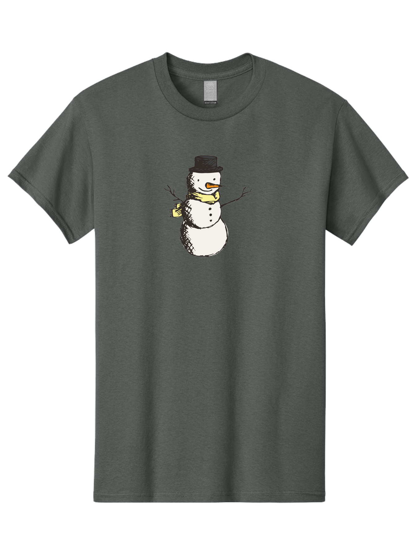 Smiling-Snowman Men'S Graphic Tee, 100% Cotton, Comfortable Casual Summer Wear, Machine Washable, Cartoon Snowman, Winter Character, Top Hat, Yellow Scarf, Carrot Nose, Stick Arms, Winter Fun, Festive Figure, Holiday Cheer, Aab110