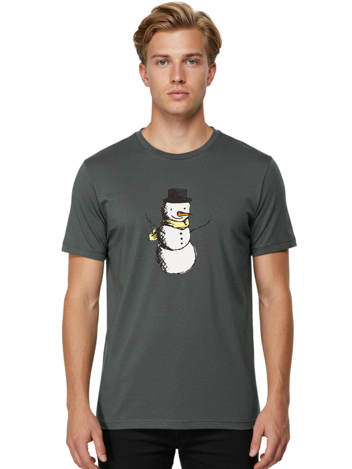 Smiling-Snowman Men'S Graphic Tee, 100% Cotton, Comfortable Casual Summer Wear, Machine Washable, Cartoon Snowman, Winter Character, Top Hat, Yellow Scarf, Carrot Nose, Stick Arms, Winter Fun, Festive Figure, Holiday Cheer, Aab110
