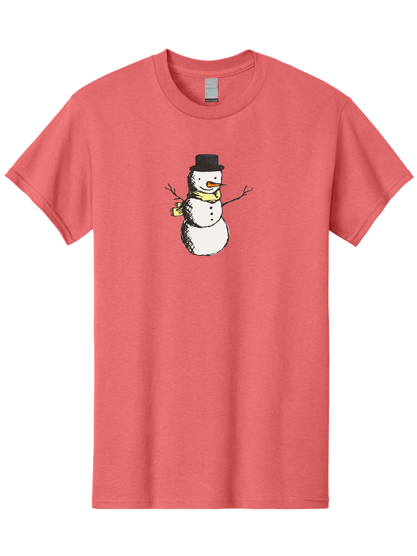 Smiling-Snowman Men'S Graphic Tee, 100% Cotton, Comfortable Casual Summer Wear, Machine Washable, Cartoon Snowman, Winter Character, Top Hat, Yellow Scarf, Carrot Nose, Stick Arms, Winter Fun, Festive Figure, Holiday Cheer, Aab110