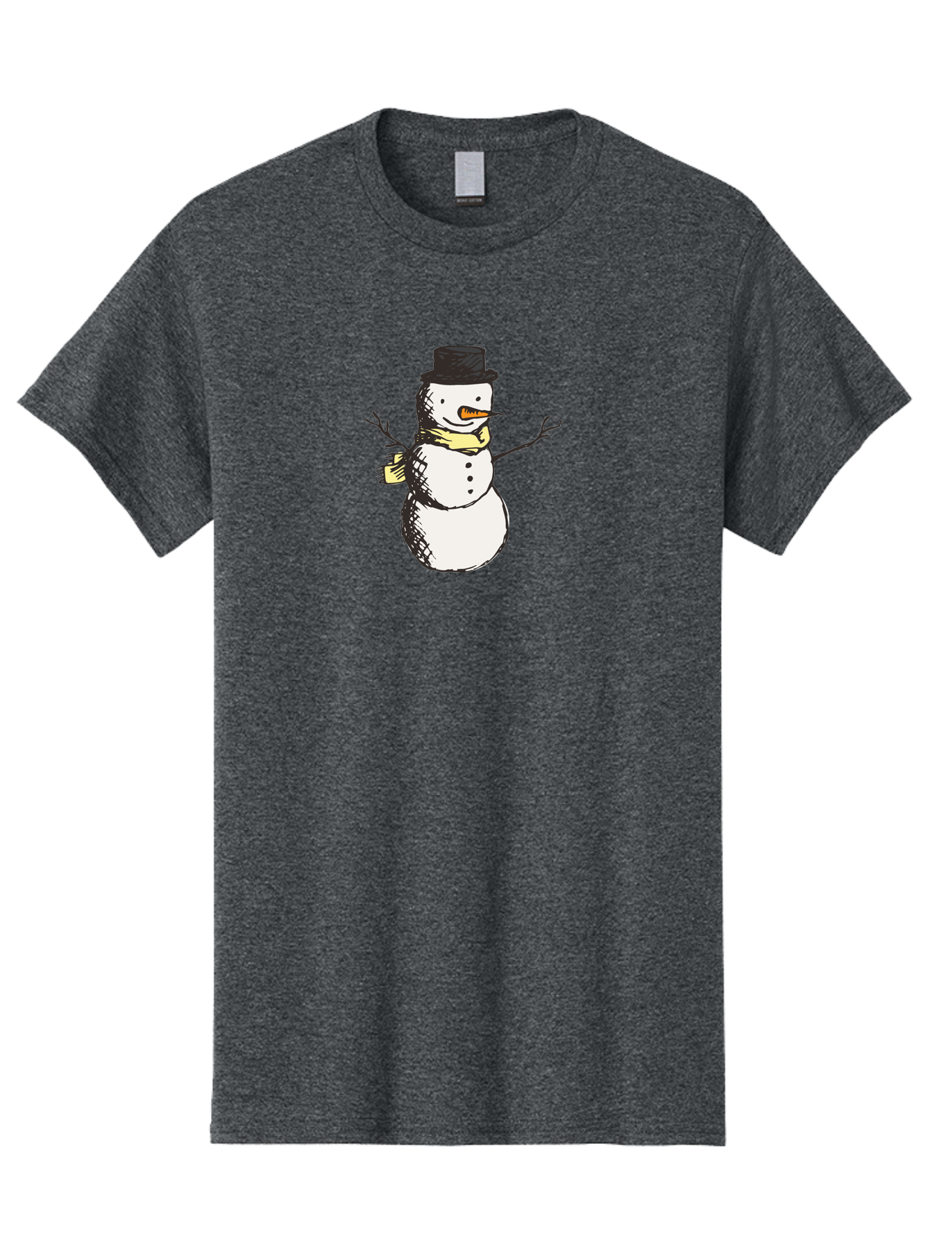Smiling-Snowman Men'S Graphic Tee, 100% Cotton, Comfortable Casual Summer Wear, Machine Washable, Cartoon Snowman, Winter Character, Top Hat, Yellow Scarf, Carrot Nose, Stick Arms, Winter Fun, Festive Figure, Holiday Cheer, Aab110