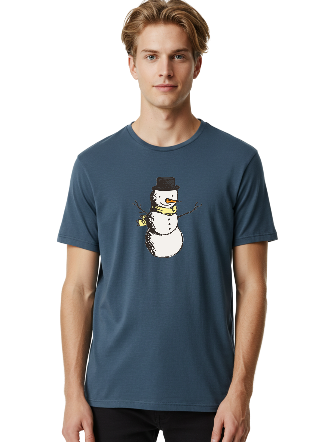 Smiling-Snowman Men'S Graphic Tee, 100% Cotton, Comfortable Casual Summer Wear, Machine Washable, Cartoon Snowman, Winter Character, Top Hat, Yellow Scarf, Carrot Nose, Stick Arms, Winter Fun, Festive Figure, Holiday Cheer, Aab110