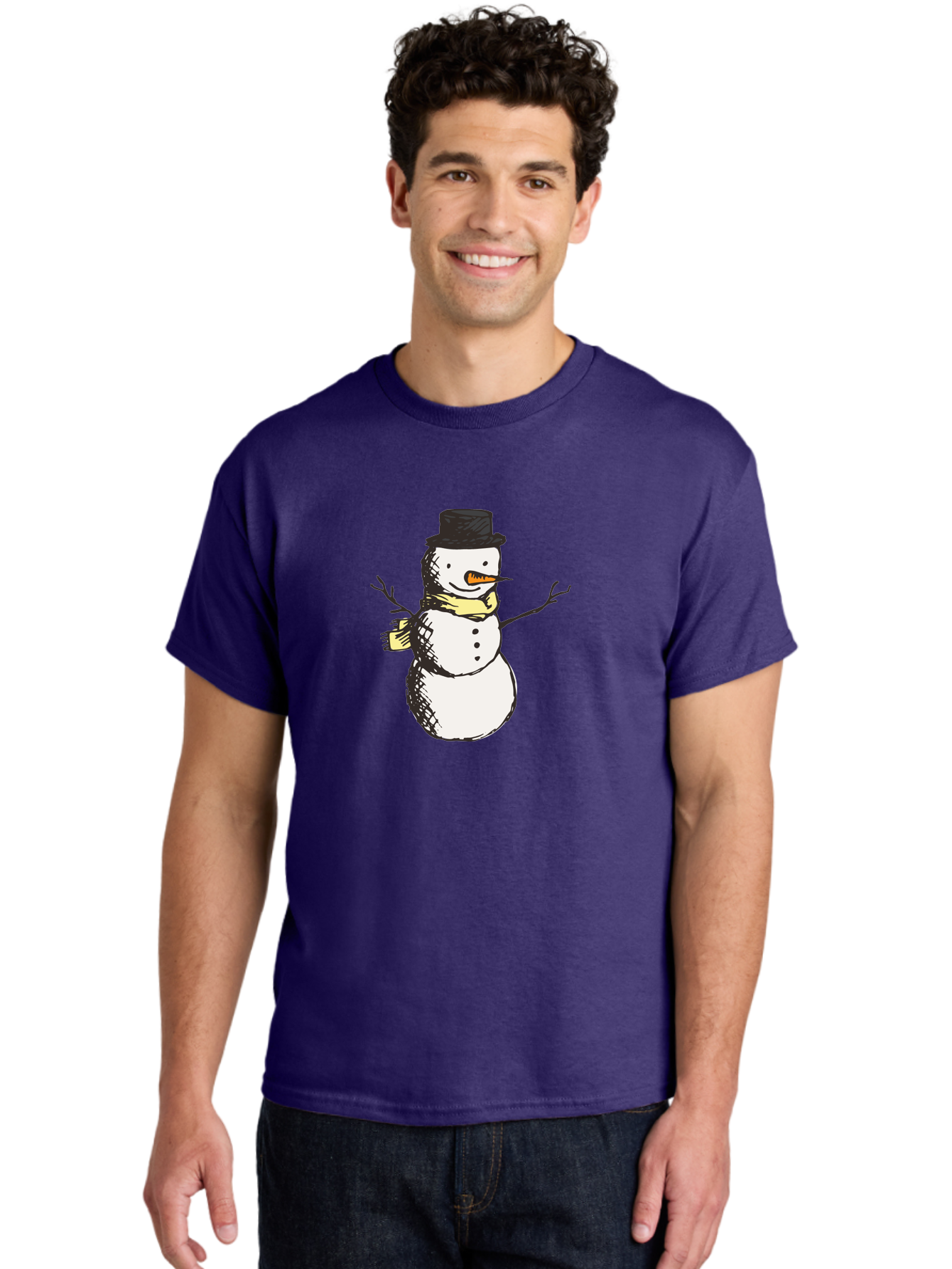 Smiling-Snowman Men'S Graphic Tee, 100% Cotton, Comfortable Casual Summer Wear, Machine Washable, Cartoon Snowman, Winter Character, Top Hat, Yellow Scarf, Carrot Nose, Stick Arms, Winter Fun, Festive Figure, Holiday Cheer, Aab110