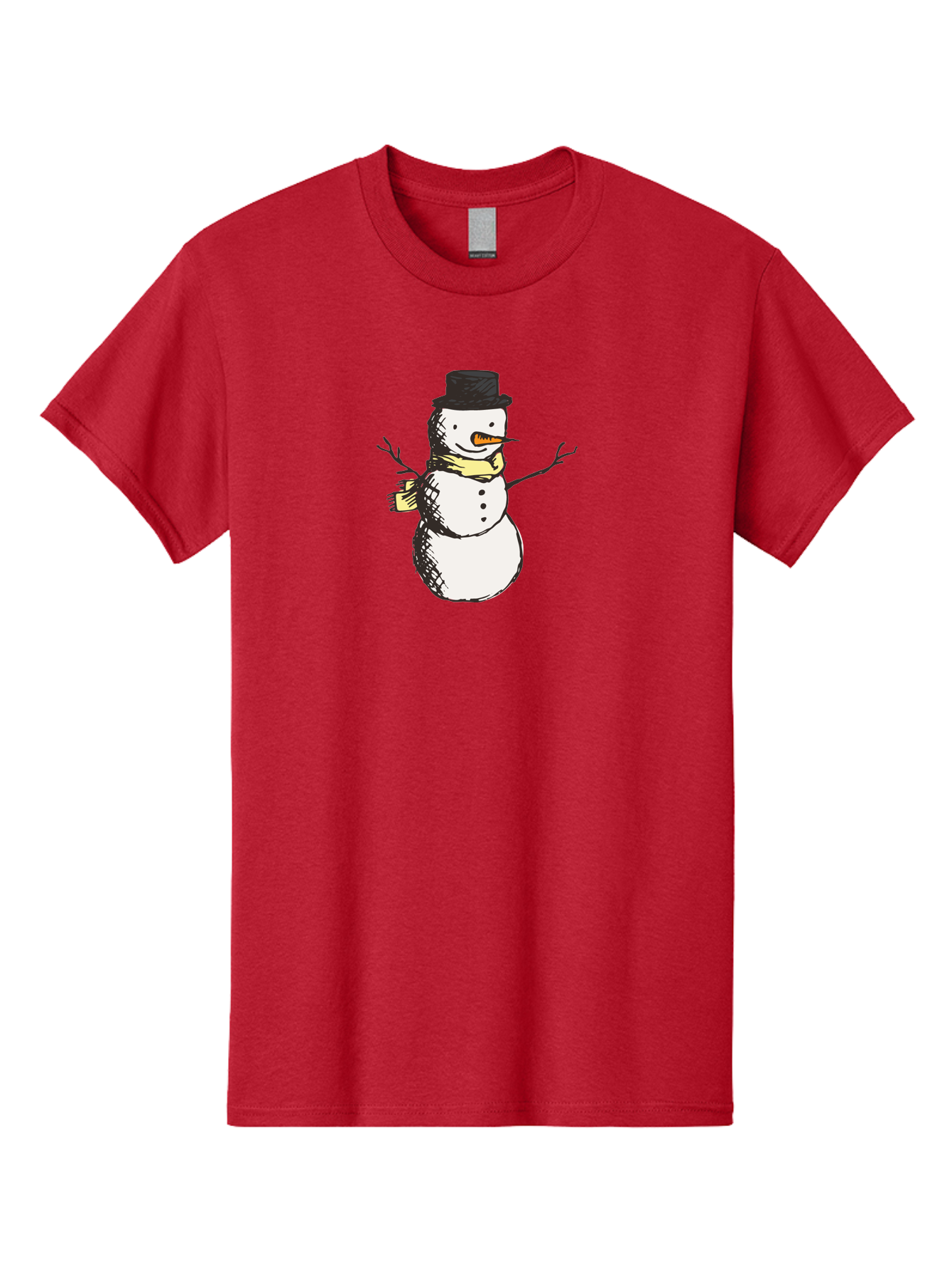 Smiling-Snowman Men'S Graphic Tee, 100% Cotton, Comfortable Casual Summer Wear, Machine Washable, Cartoon Snowman, Winter Character, Top Hat, Yellow Scarf, Carrot Nose, Stick Arms, Winter Fun, Festive Figure, Holiday Cheer, Aab110