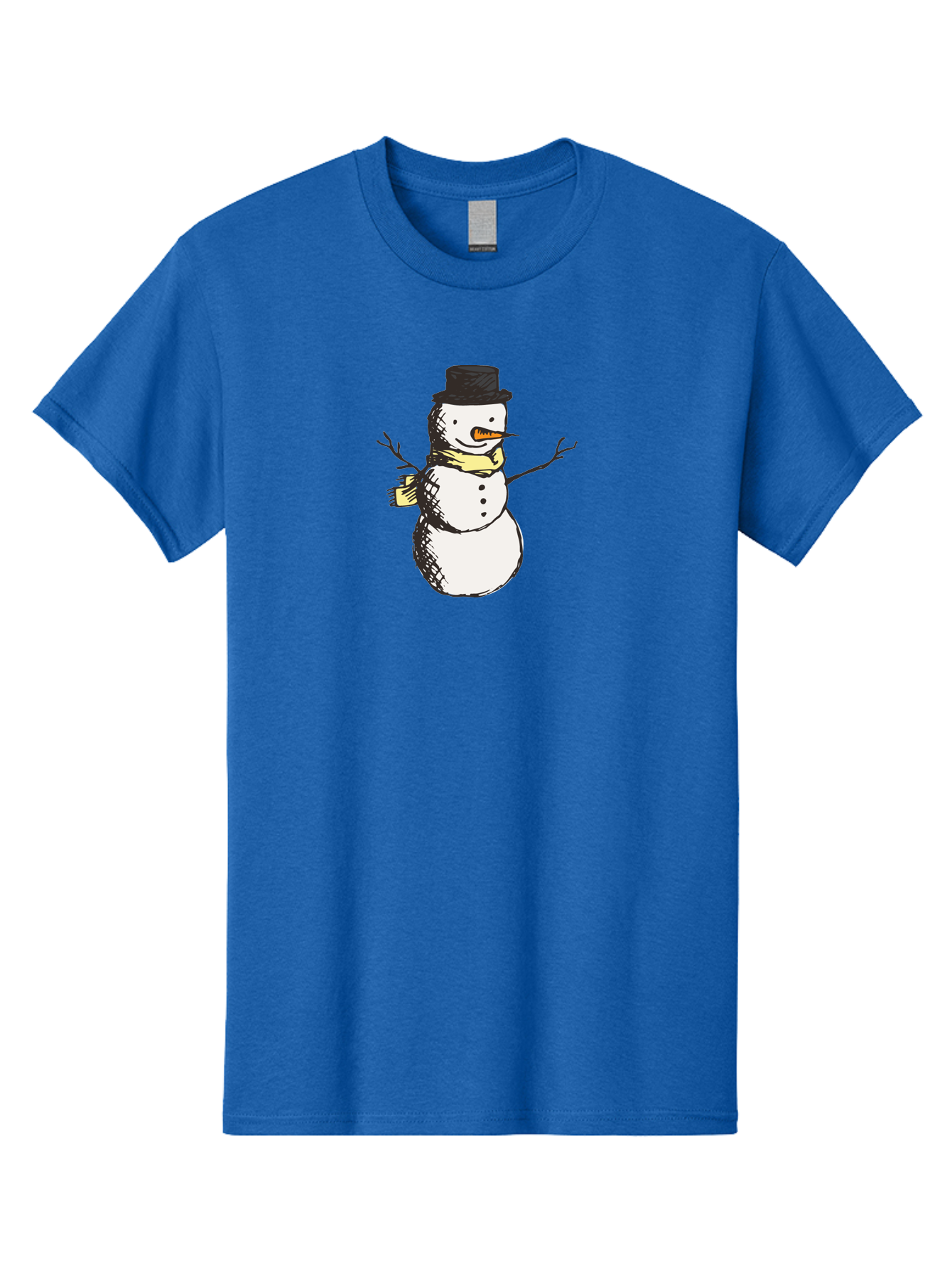 Smiling-Snowman Men'S Graphic Tee, 100% Cotton, Comfortable Casual Summer Wear, Machine Washable, Cartoon Snowman, Winter Character, Top Hat, Yellow Scarf, Carrot Nose, Stick Arms, Winter Fun, Festive Figure, Holiday Cheer, Aab110