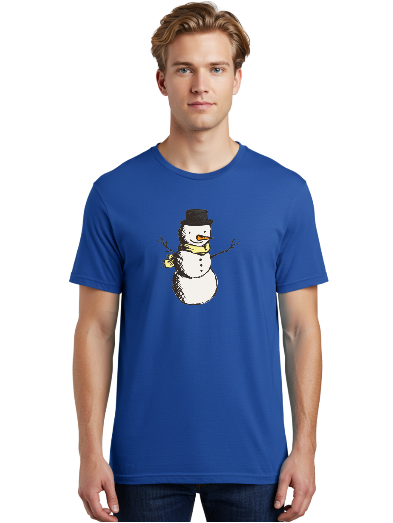 Smiling-Snowman Men'S Graphic Tee, 100% Cotton, Comfortable Casual Summer Wear, Machine Washable, Cartoon Snowman, Winter Character, Top Hat, Yellow Scarf, Carrot Nose, Stick Arms, Winter Fun, Festive Figure, Holiday Cheer, Aab110