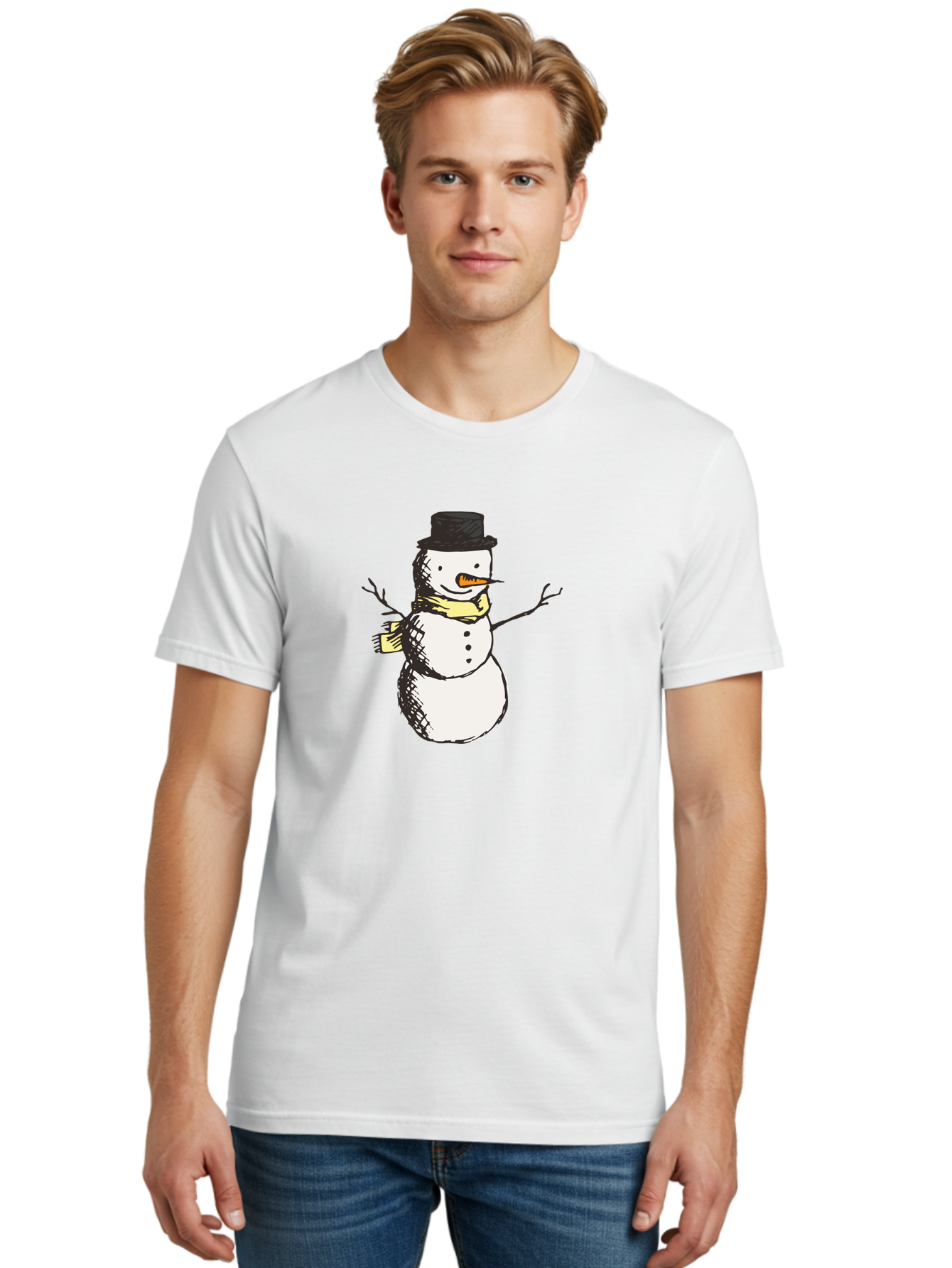 Smiling-Snowman Men'S Graphic Tee, 100% Cotton, Comfortable Casual Summer Wear, Machine Washable, Cartoon Snowman, Winter Character, Top Hat, Yellow Scarf, Carrot Nose, Stick Arms, Winter Fun, Festive Figure, Holiday Cheer, Aab110