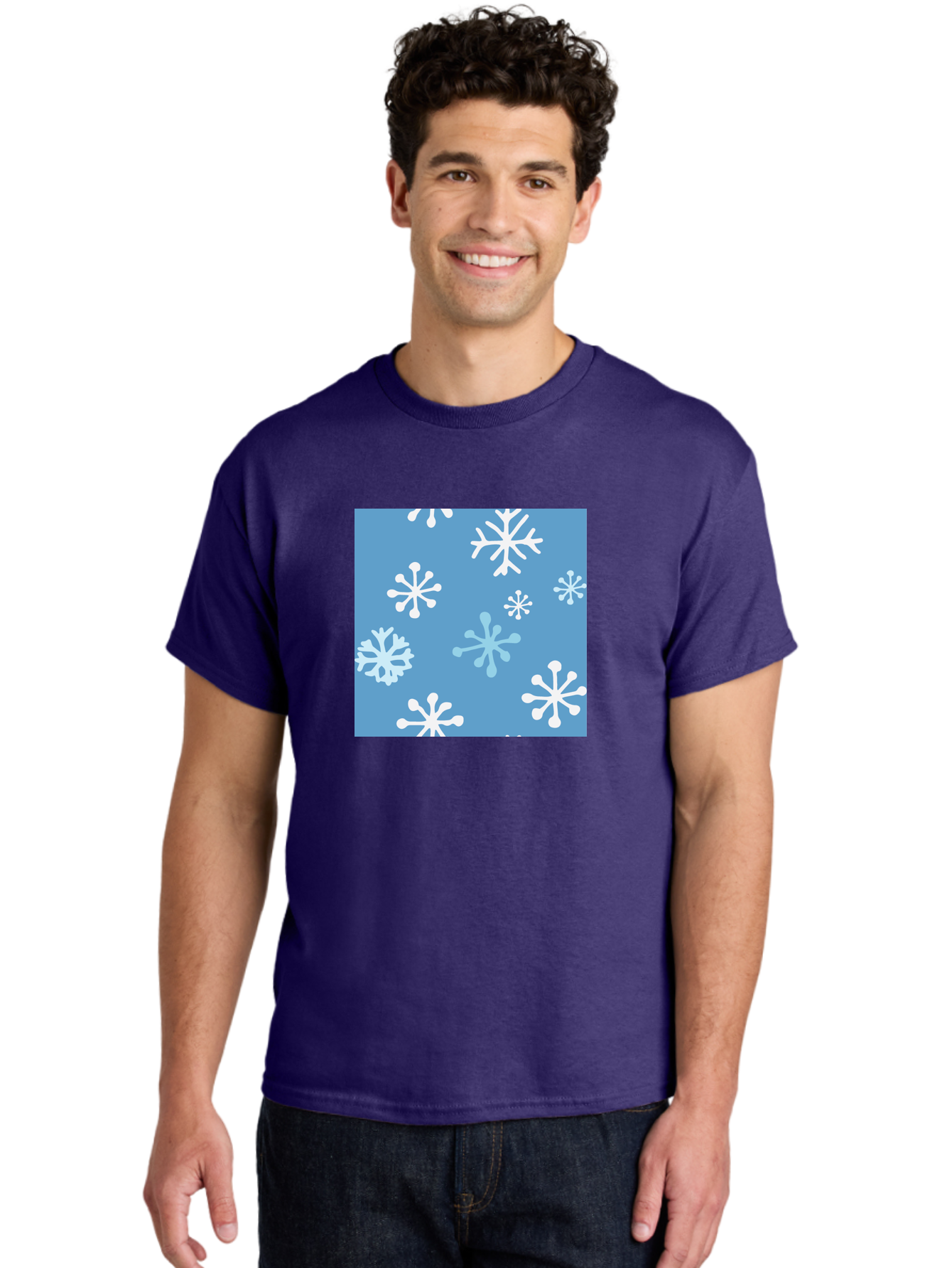 Snowflakes Men'S Graphic Tee, 100% Cotton, Comfortable Casual Summer Wear, Machine Washable, Winter Wonderland, Snowflake Pattern, Festive Design, Blue Background, White Snowflakes, Cold Weather, Snowy Scene, Holiday Theme, Seasonal Graphic, Aab123