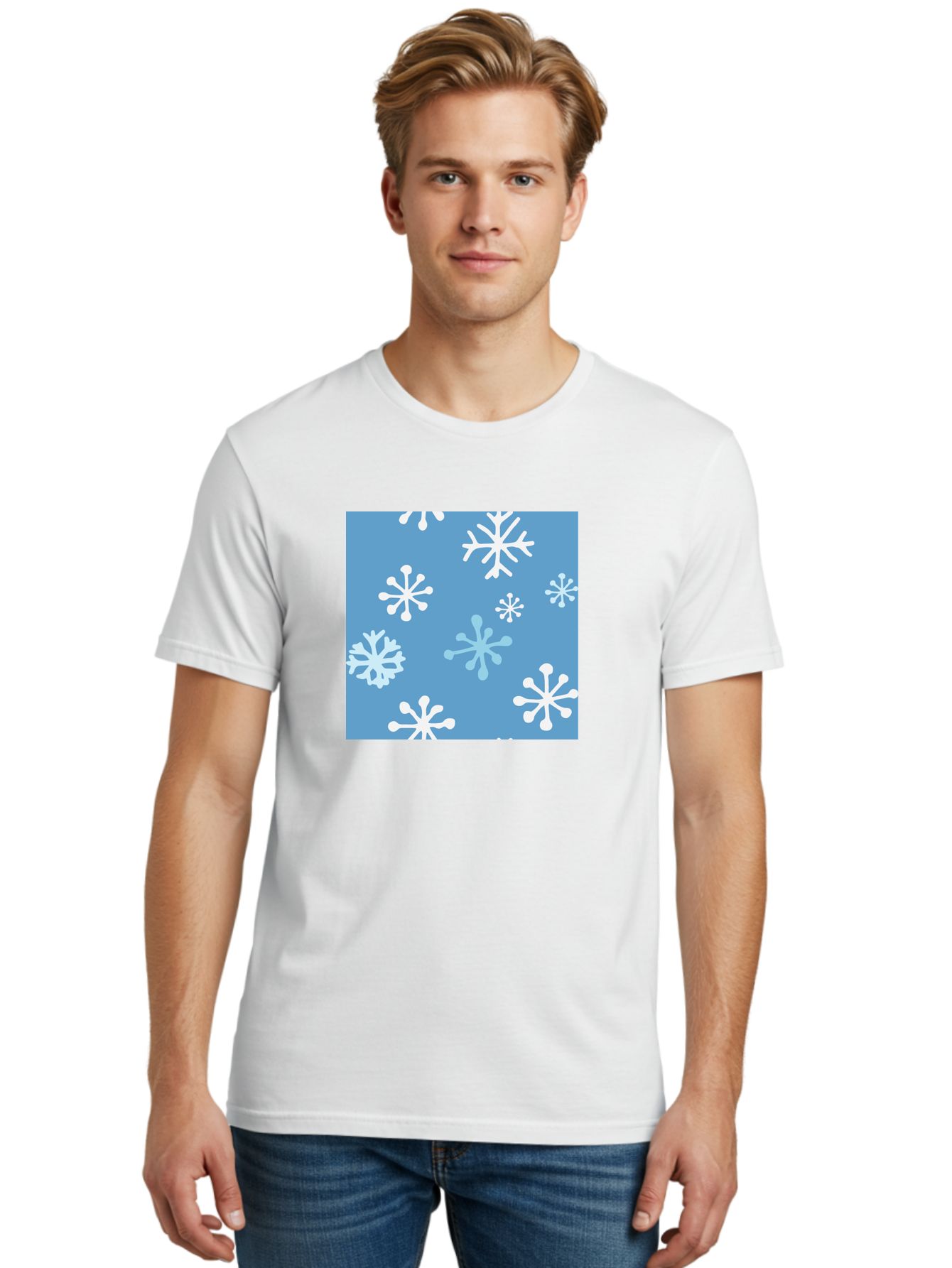 Snowflakes Men'S Graphic Tee, 100% Cotton, Comfortable Casual Summer Wear, Machine Washable, Winter Wonderland, Snowflake Pattern, Festive Design, Blue Background, White Snowflakes, Cold Weather, Snowy Scene, Holiday Theme, Seasonal Graphic, Aab123