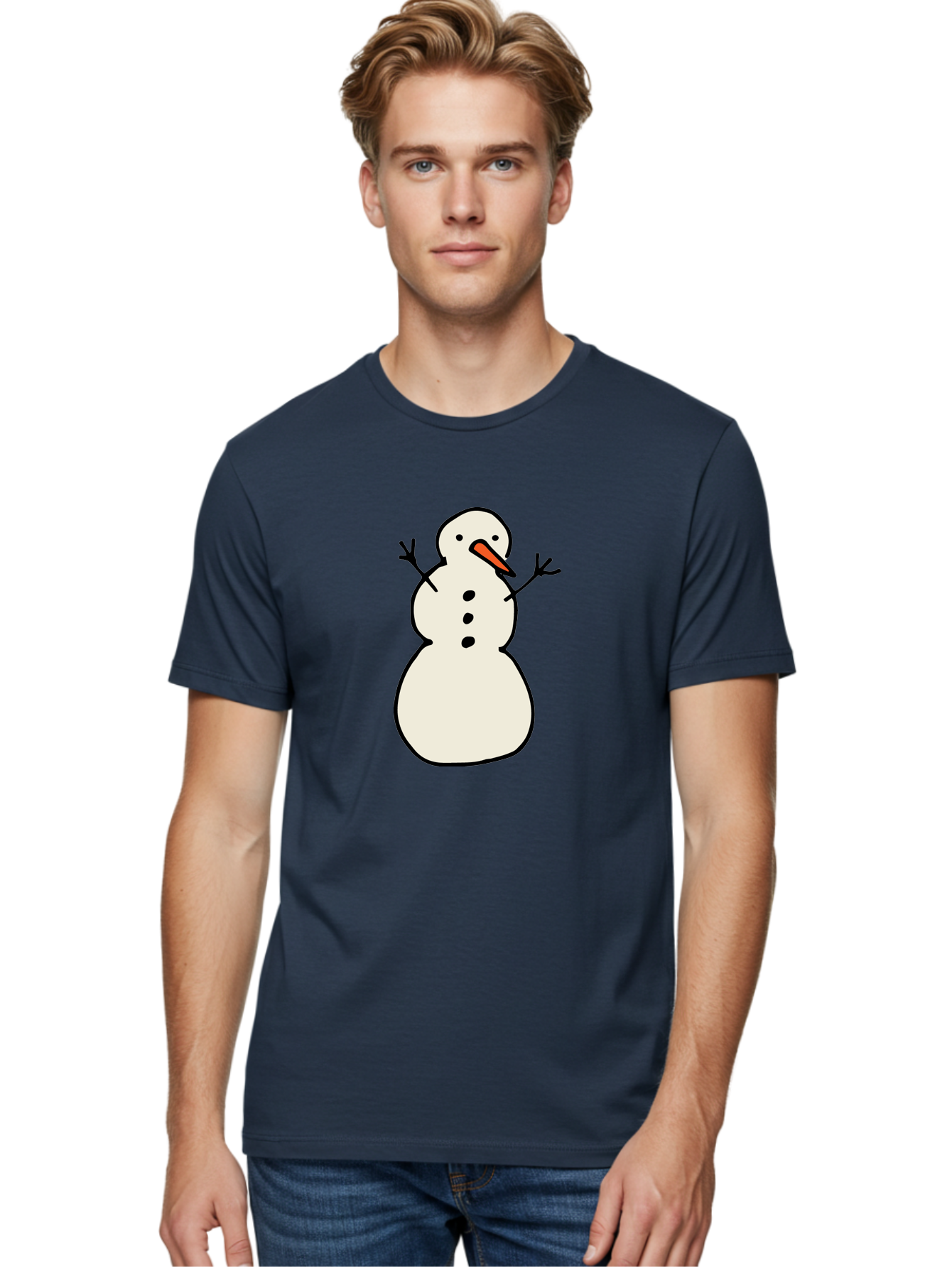 Snowman-1 Men'S Graphic Tee, 100% Cotton, Comfortable Casual Summer Wear, Machine Washable, Cartoon Snowman, White Snowman, Orange Nose, Black Dots, Winter Character, Festive Figure, Snowball Body, Simple Design, Cute Illustration, Aab124